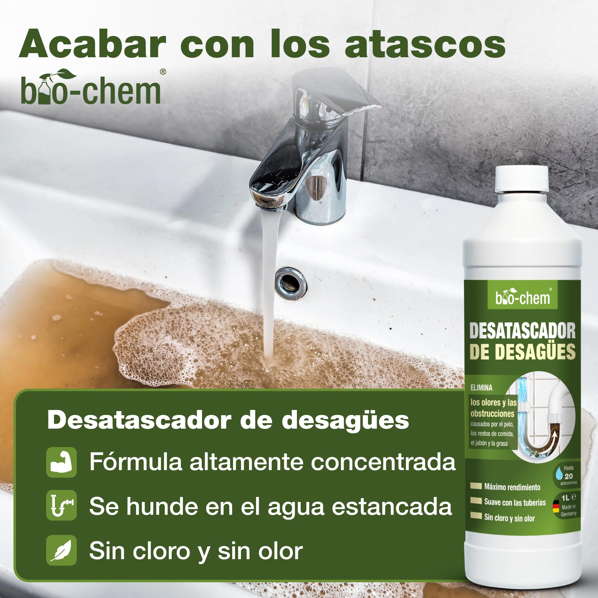 bio-chem Set de 6 productos para la limpieza de tuberías, inodoros, hornos | Elimina restos de orina y cal - Desatasca desagües - Limpia el horno - Con una esponja, un paño y piedra pómez