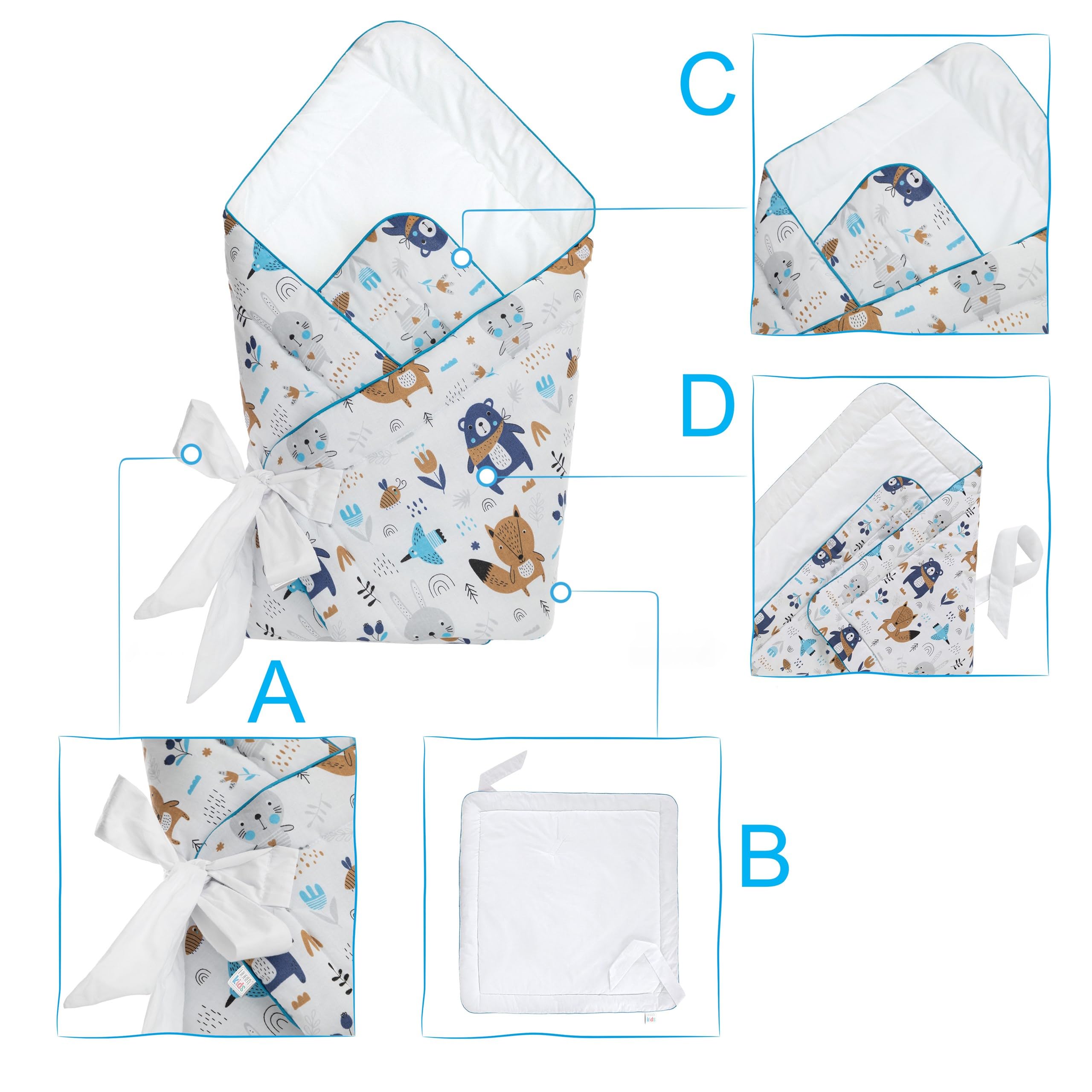 Kocyk do owijania fotelika dla niemowląt – kocyk dla noworodków z ochroną głowy i podparciem głowy – 75 x 75 cm – koc Swaddle od 0-3 miesięcy (niedźwiedź i lis)