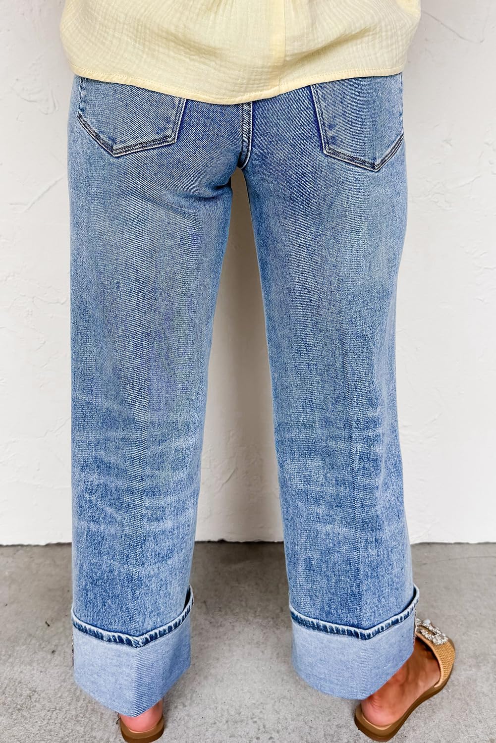 Apvirdy Center Seam Jeans for Women Fashion Cuffed Hem Mineral Wash High Waist Straight Jeans