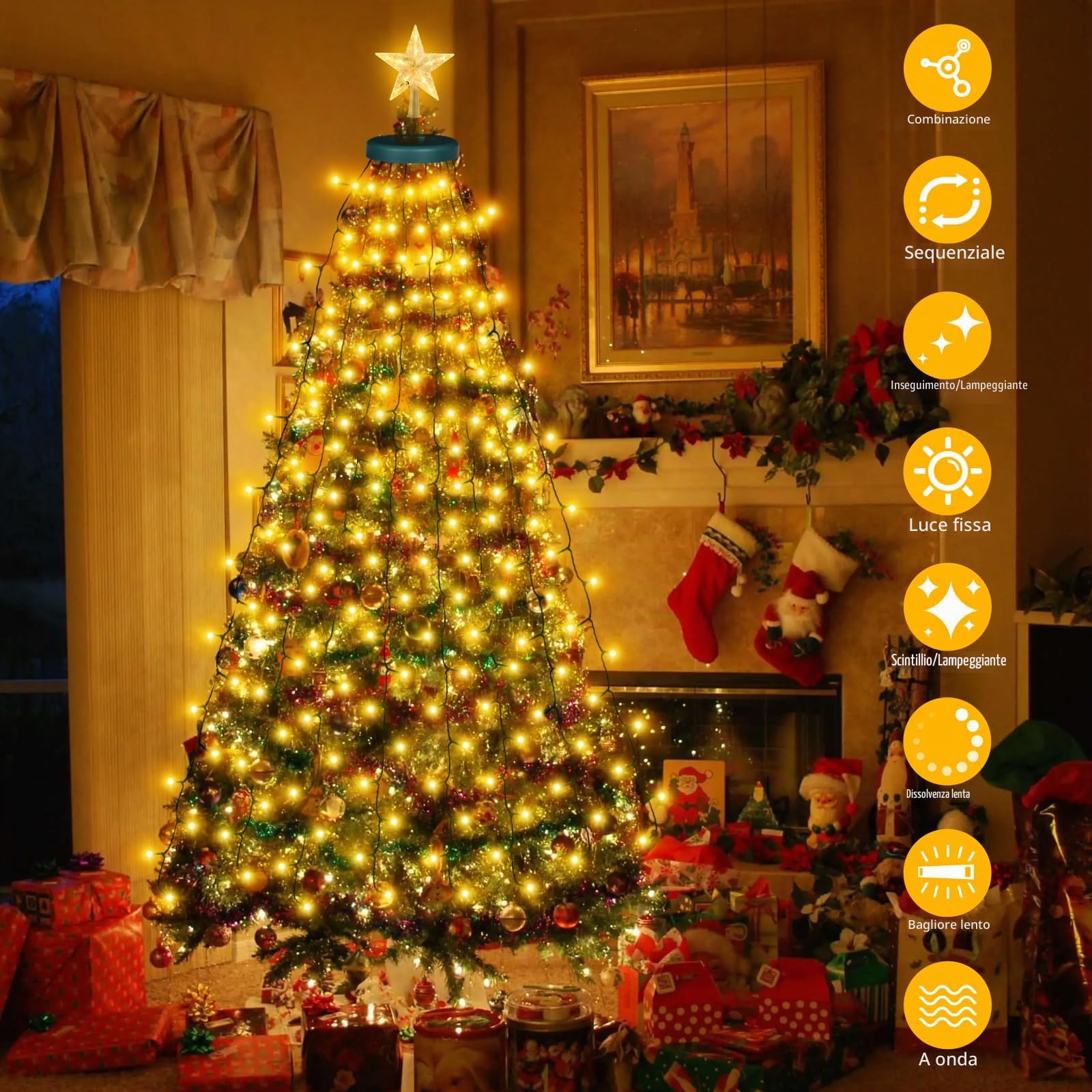 Luci Albero Natale Esterno Cascata, 2Mx16 Fili 420LEDs Luci Albero Natale, 8 Modalità Luci di Natale per Albero con Anello, IP44 Impermeabile per Interni Esterni Giardino (Caldo-Star)