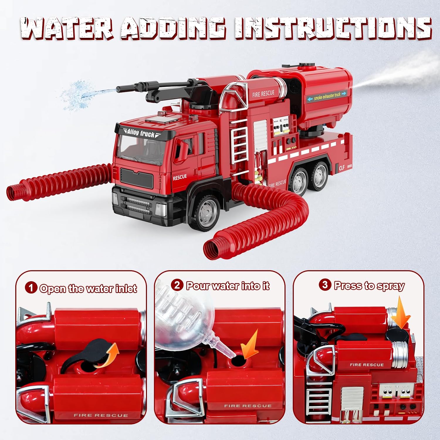 1:50 Die-Cast Fire Ladder Truck, 12in Extendable Ladder with Water Spray, Openable car Door, Lights Sounds, Pull-Back Rescue Toy with Rotating Platform for Kids 3-9
