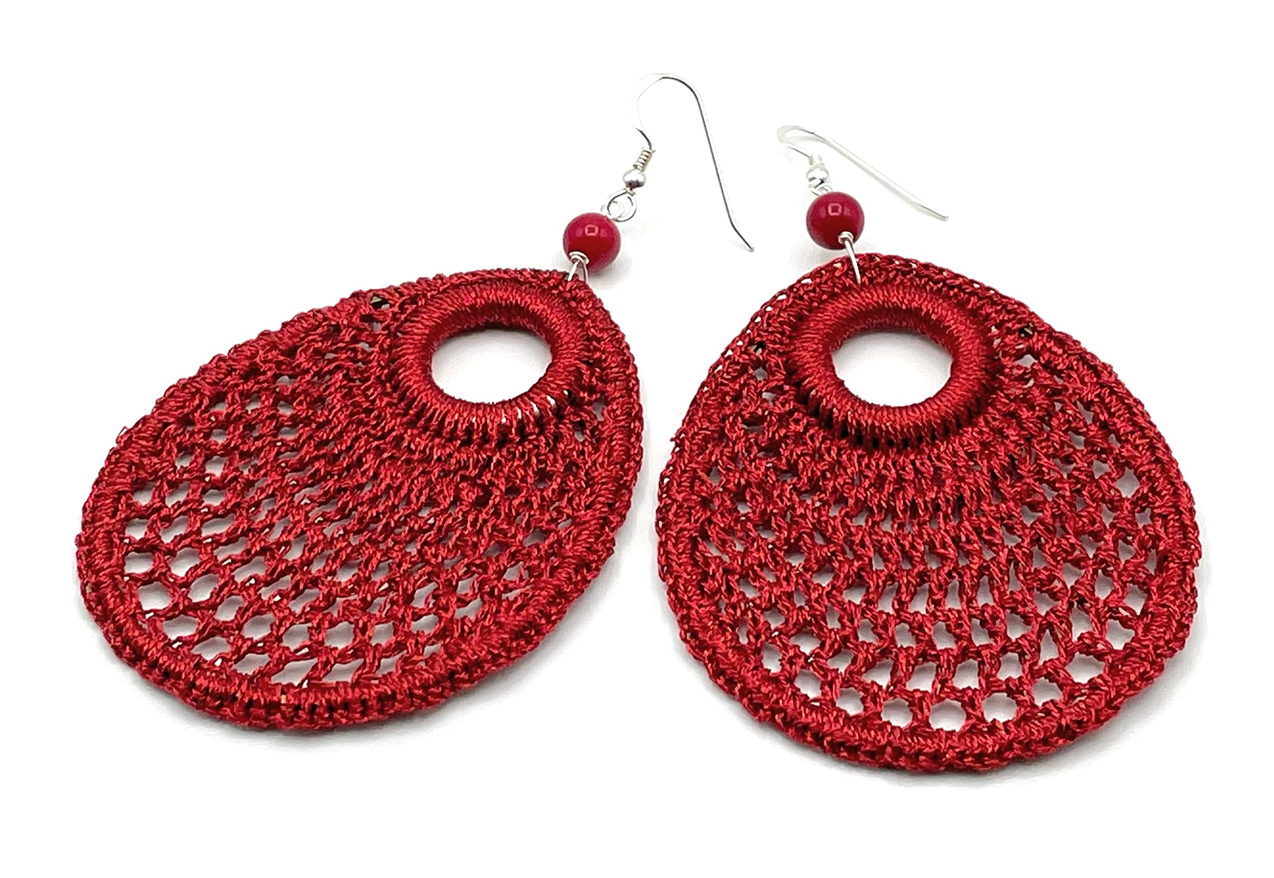 Pendientes Crochet y Coral Rojo, Plata 925, Joyas Artesanales, Estilo Moderno, Regalo para Mujer