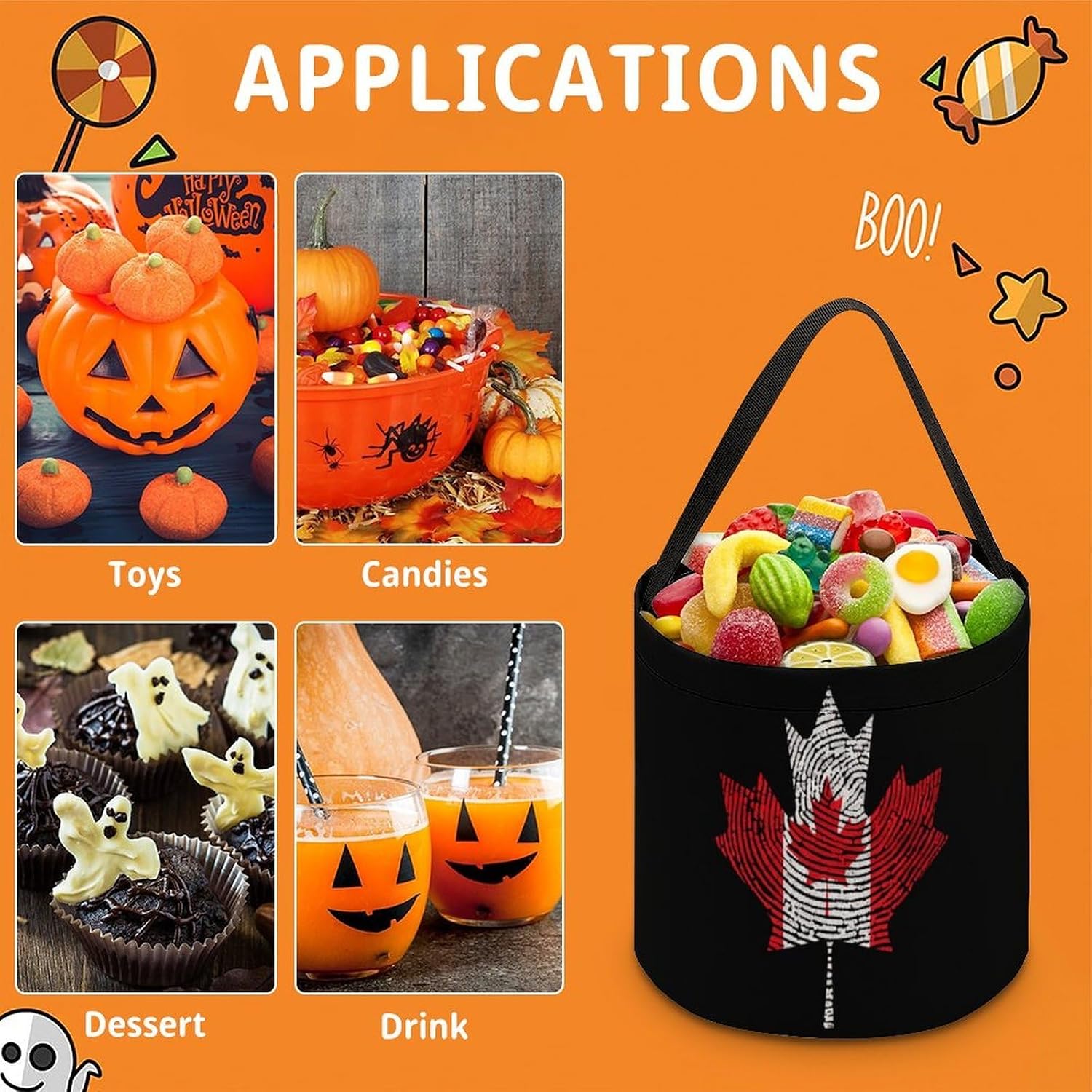 Canada Canadian Flag Halloween Treat Bag Reusable Candy Basket Tote Goody Bags Gift Party