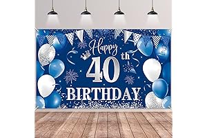 Happy 40th Birthday Decoration, 70.8" x 43.3" Blue Silver Fabric Backdrop for 40th Birthday Photoshoot