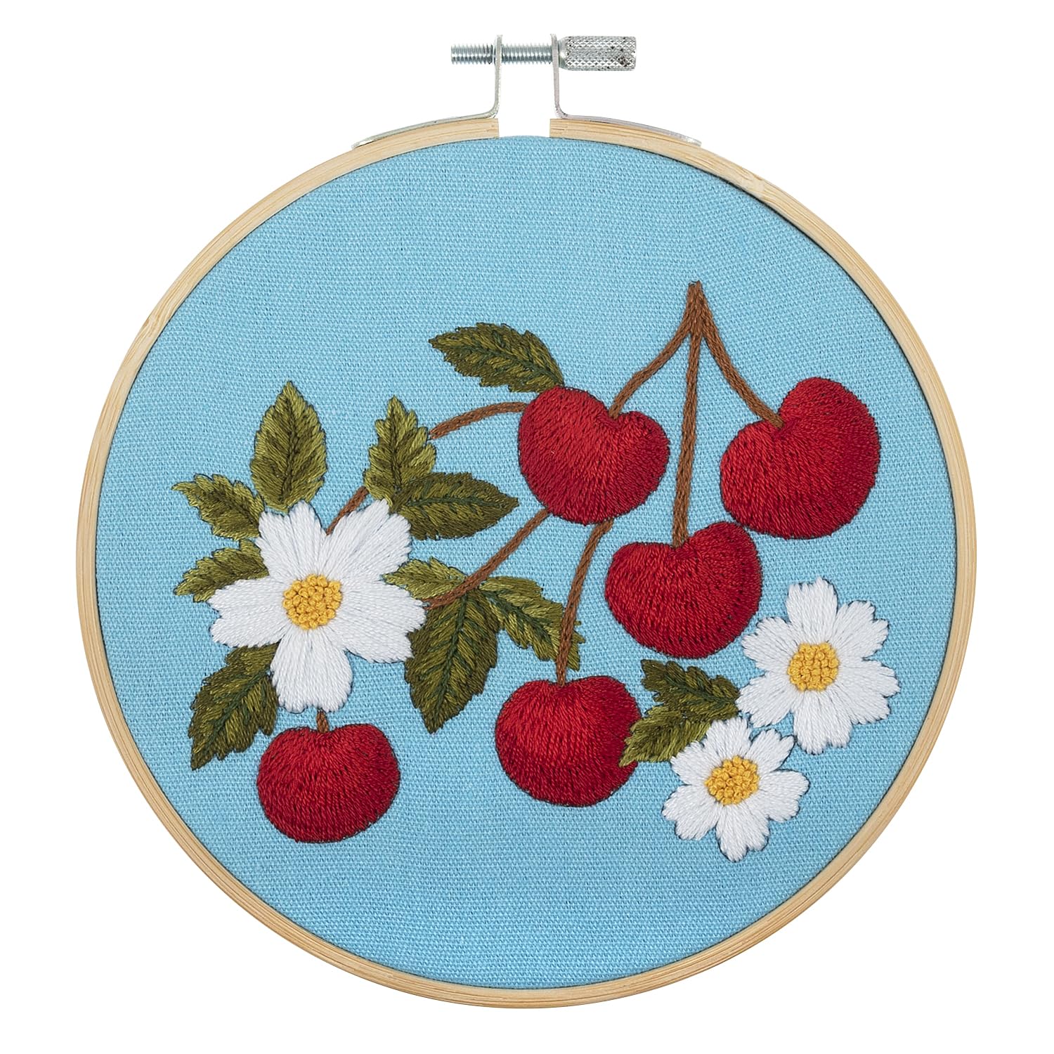 Trimits Embroidery Kit with Hoop - Cherries Design on Pre-Printed Cotton Fabric (25 x 25cm) with Felt Backing, Thread, Needle and Instructions - Uses a Mixture of Popular Embroidery Stitches.
