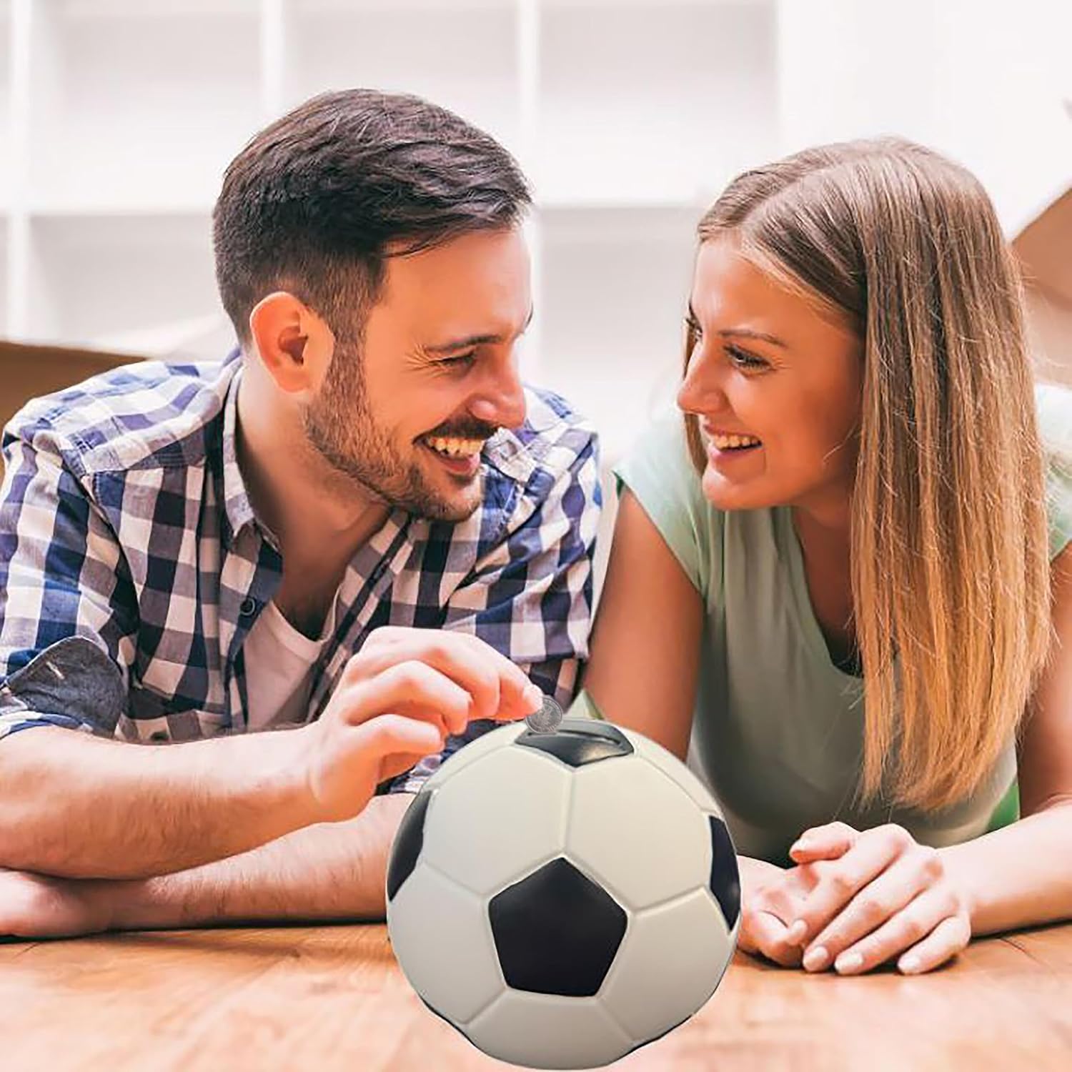 Relaxdays Football Money Box, Diameter 15 cm, Resin Money Box, Twist Lock, Gift Idea for Children and Football Fans, Black/White