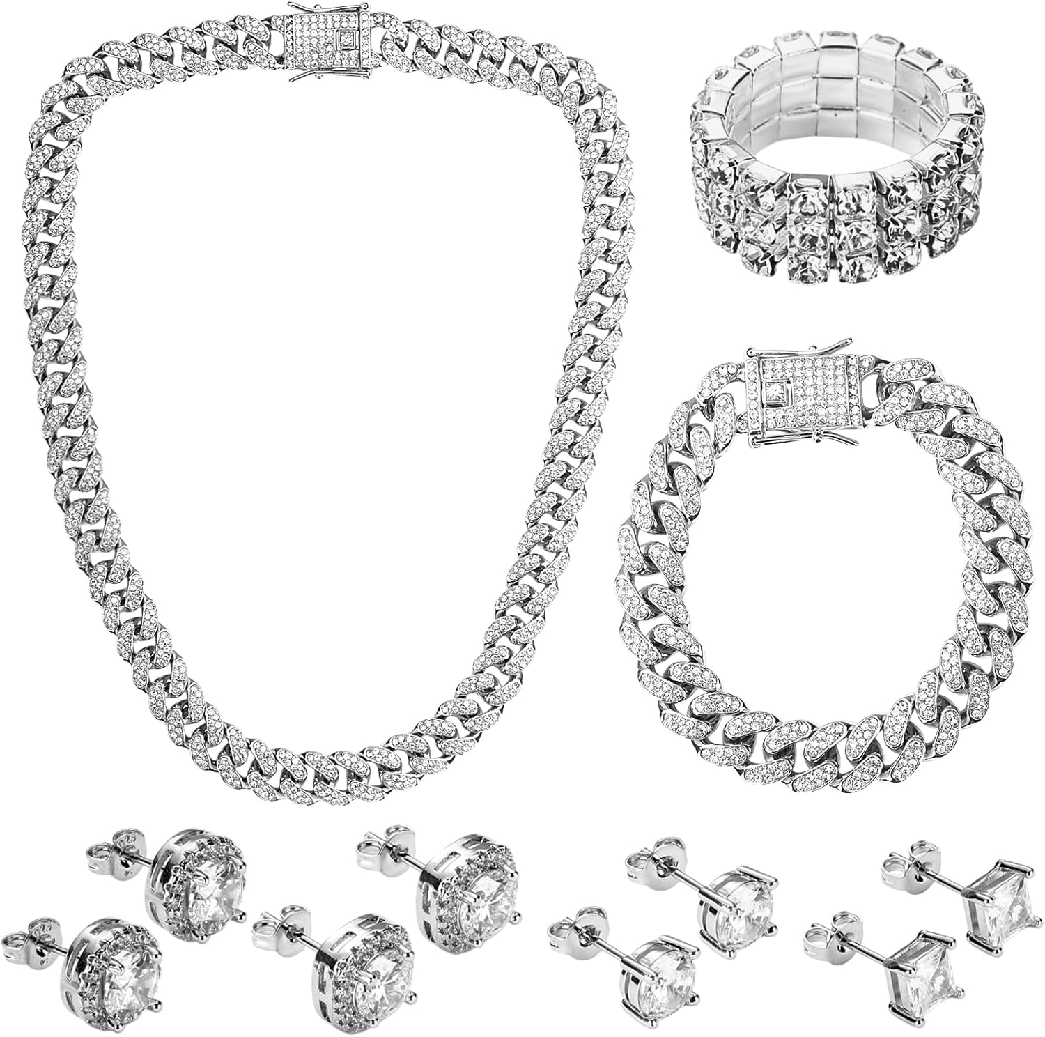Tiamon 7 Pcs Cuban Link Chain Jewelry Set with Silver Rhinestone Necklace Bracelet Bling Stud Earrings Stretch Ring for Women Men Halloween Punk