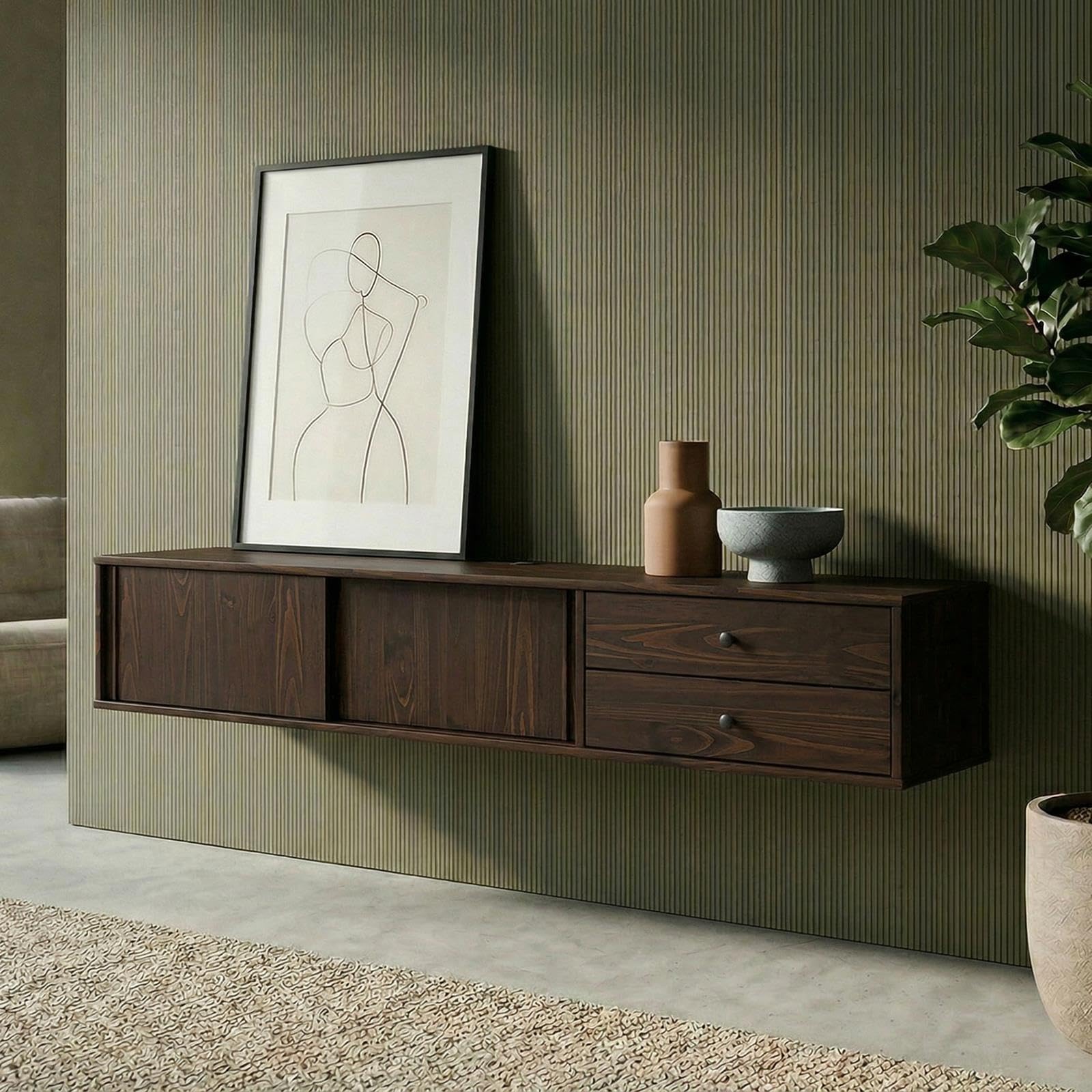 IDIMEX Lowboard Simona 175 cm hängend aus Massivholz, Nussbaum Finish - TV Schrank mit 2 Schiebetüren und Schubladen, Wohnzimmermöbel im Mid Century Style, ideal als TV Board.