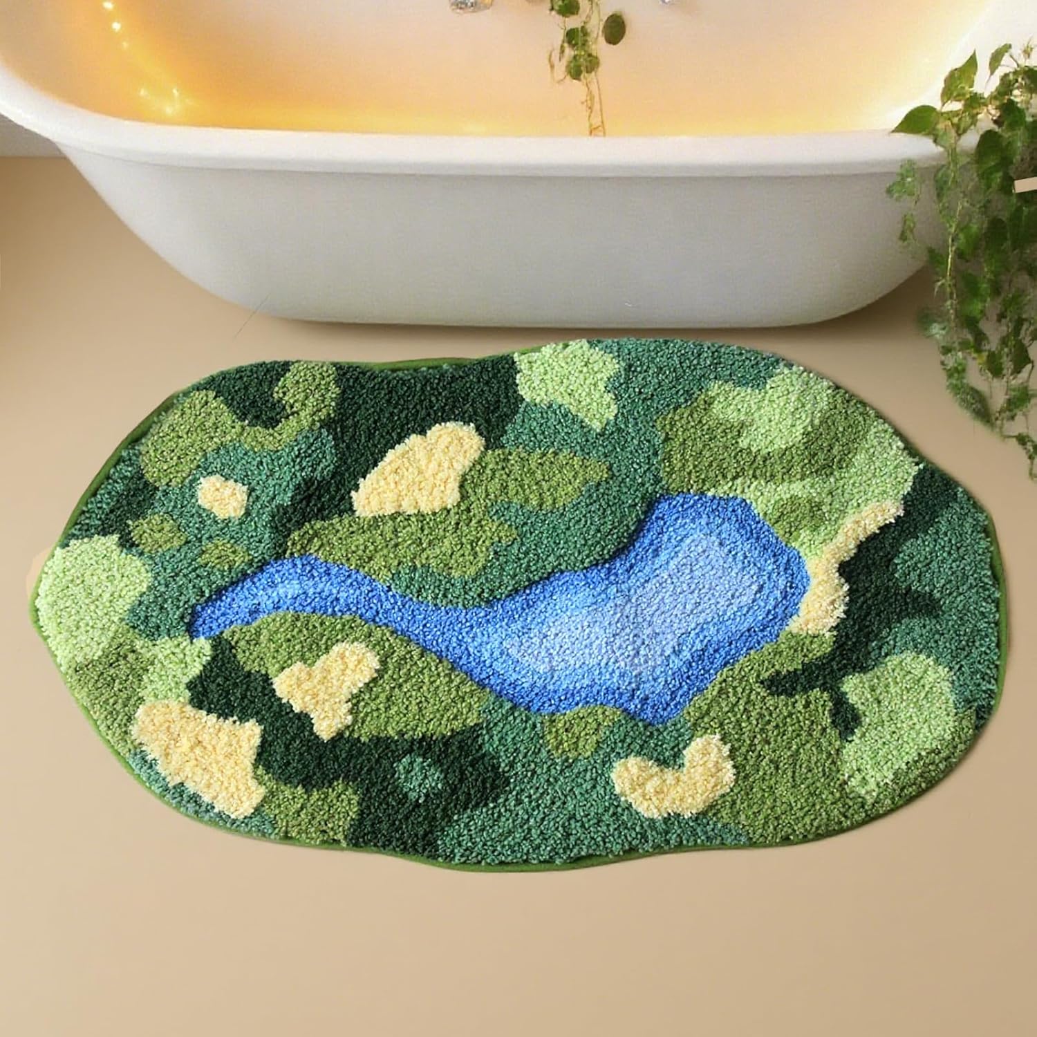 PTAEXCEL Cute Bath Mat, Moss Rug Soft Green Bathroom Rug, Non Slip Bath Mat Super Absorbent, Floral Nature Bathtub Mat Washable for Shower Bathroom Floor (Moss Green, 32" x 20")