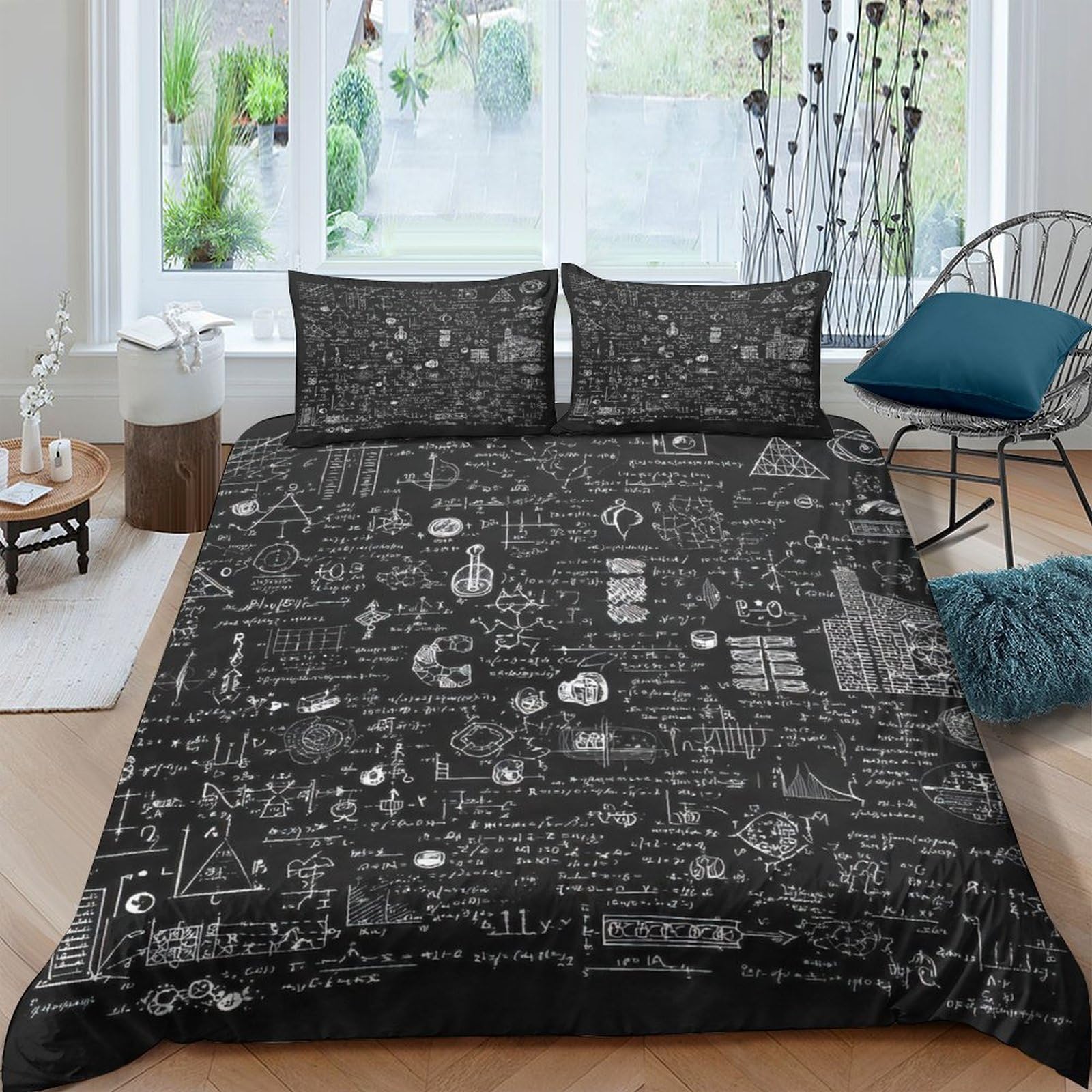 TUFRTGYHN 3D Printed Chalkboard Formula Duvet Cover Microfiber Black Science Pattern Bedding Set with 2 Pillowcases for Bedroom Decor Single（135x200cm）