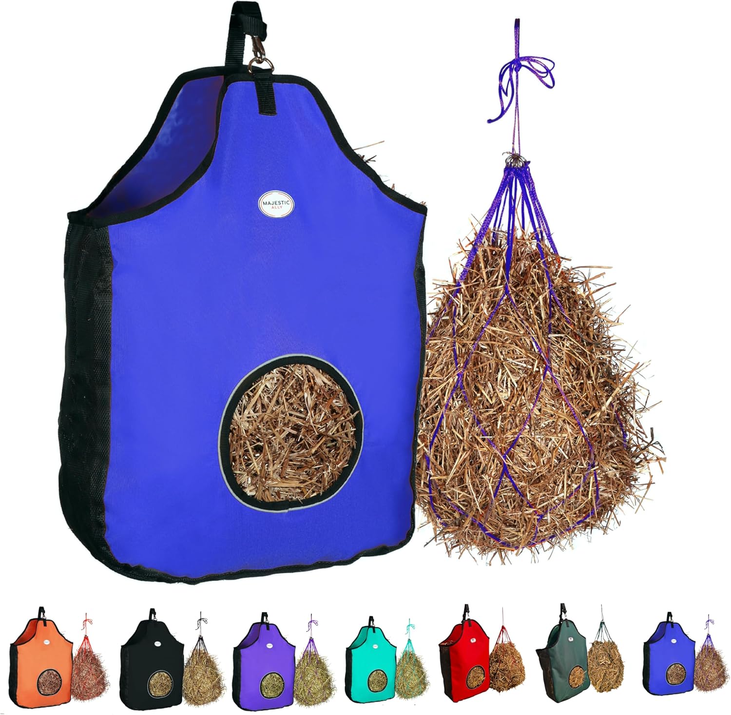 Majestic Ally 1200 D Hay Feeder Tote Bag for Horses, Sheep with Reflective Trim- Reduces Waste – Comes with 36” Hay Net. (Royal Blue)