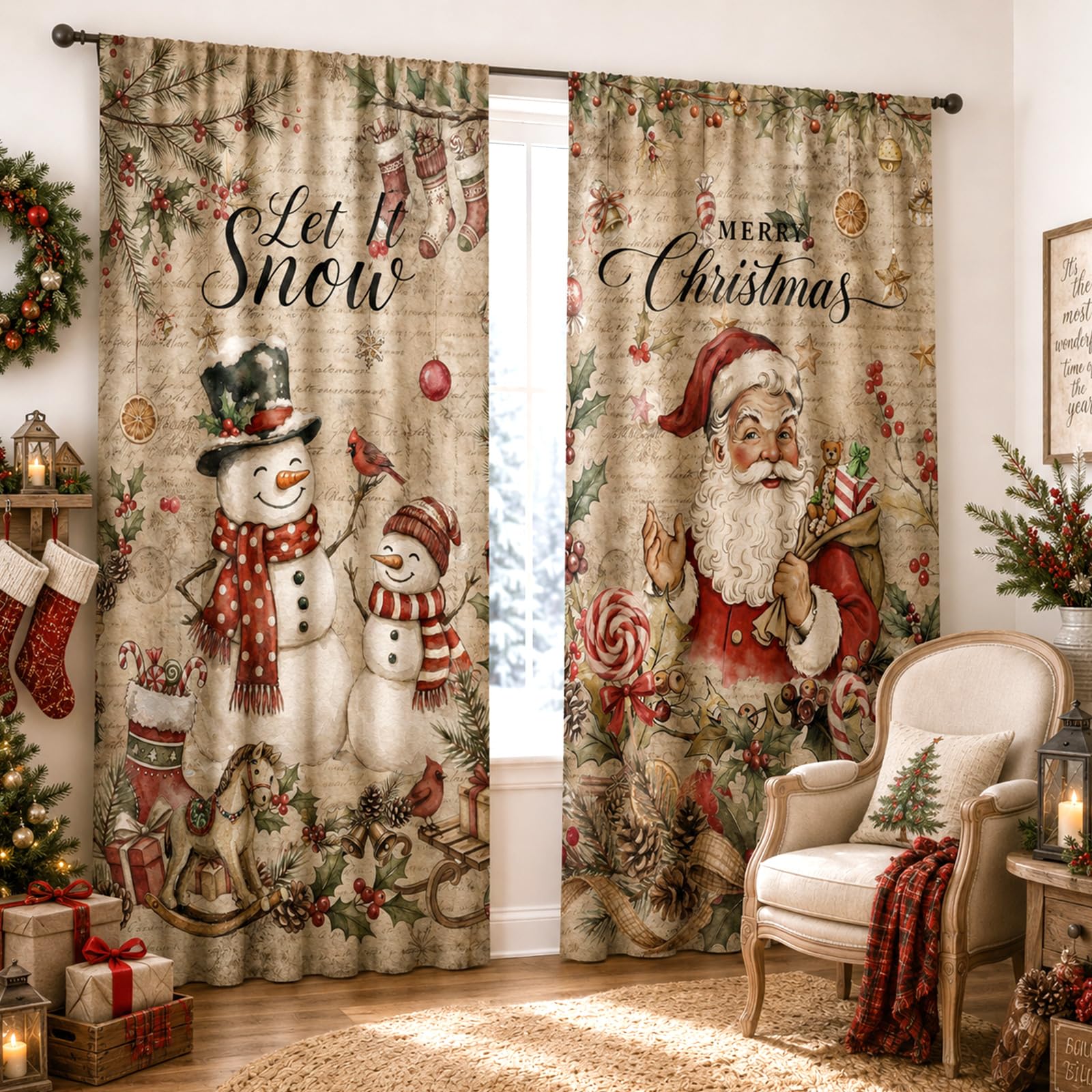 SmoothNovelty 2 Pcs Christmas Curtains for Living Room Vintage Snowman