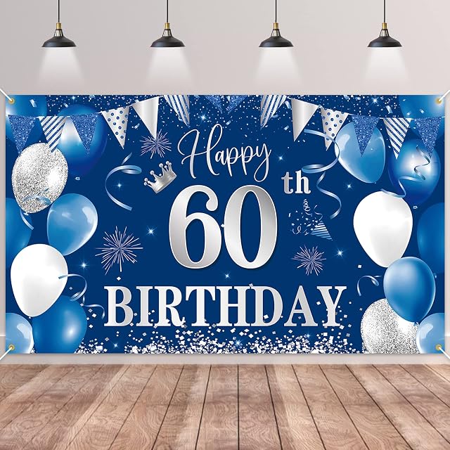 60th Birthday Backdrop Banner,BTZO Happy 60th Birthday Decorations,Blue Silver Fabric Photo Backdrop Background for Men and Women 60th Birthday Party,180×110cm