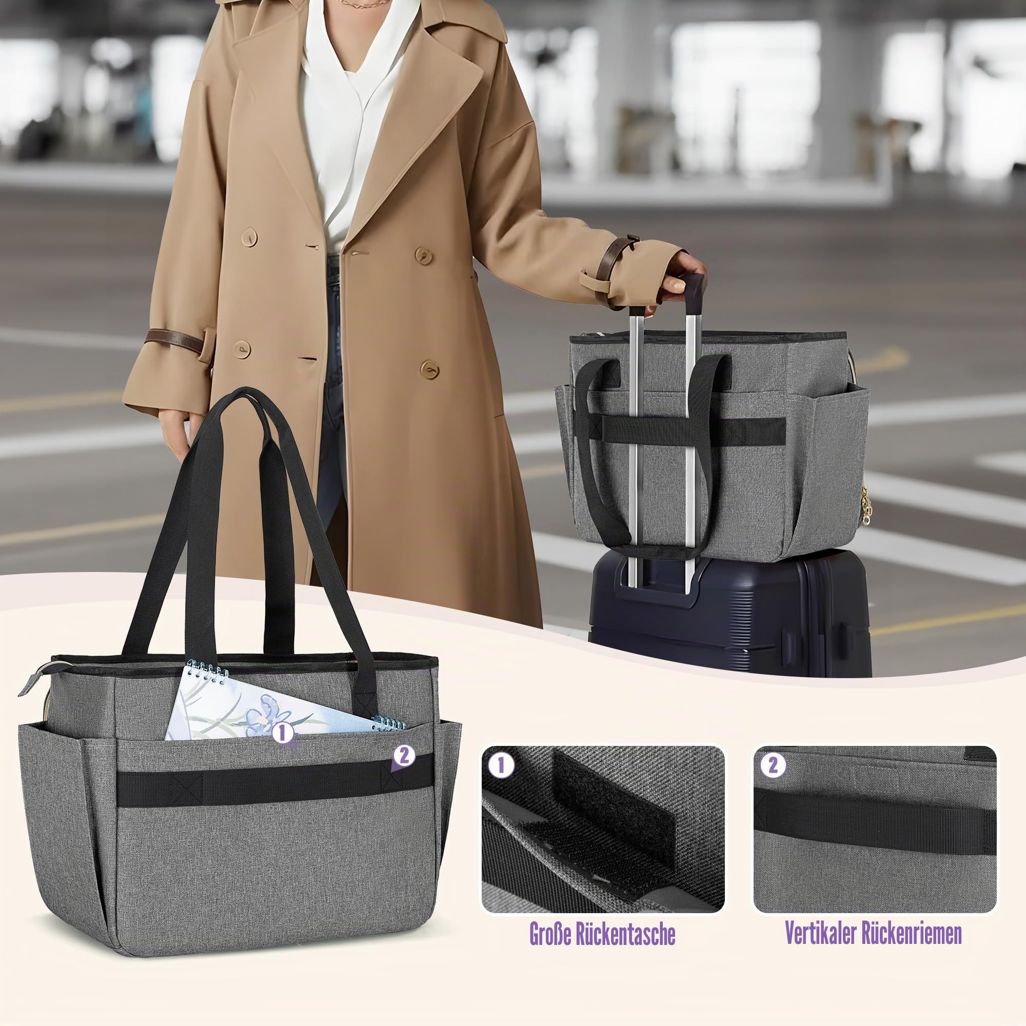 Luxja Lehrertasche mit Akkordeon-Aktenbereich und Laptophülle, Lehrer-Tragetasche für Damen (zum Patent angemeldet), Grau