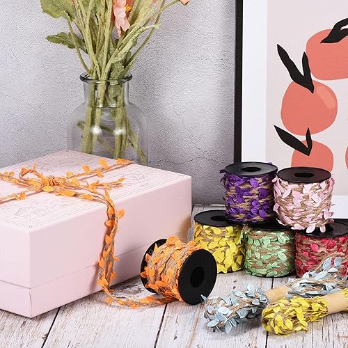 Miniatura 6 de PATIKIL Cinta de hoja de arpillera de 6.6 pies y 0.197 in, paquete de 2 cuerdas trenzadas de yute natural con hojas artificiales para decoración de
