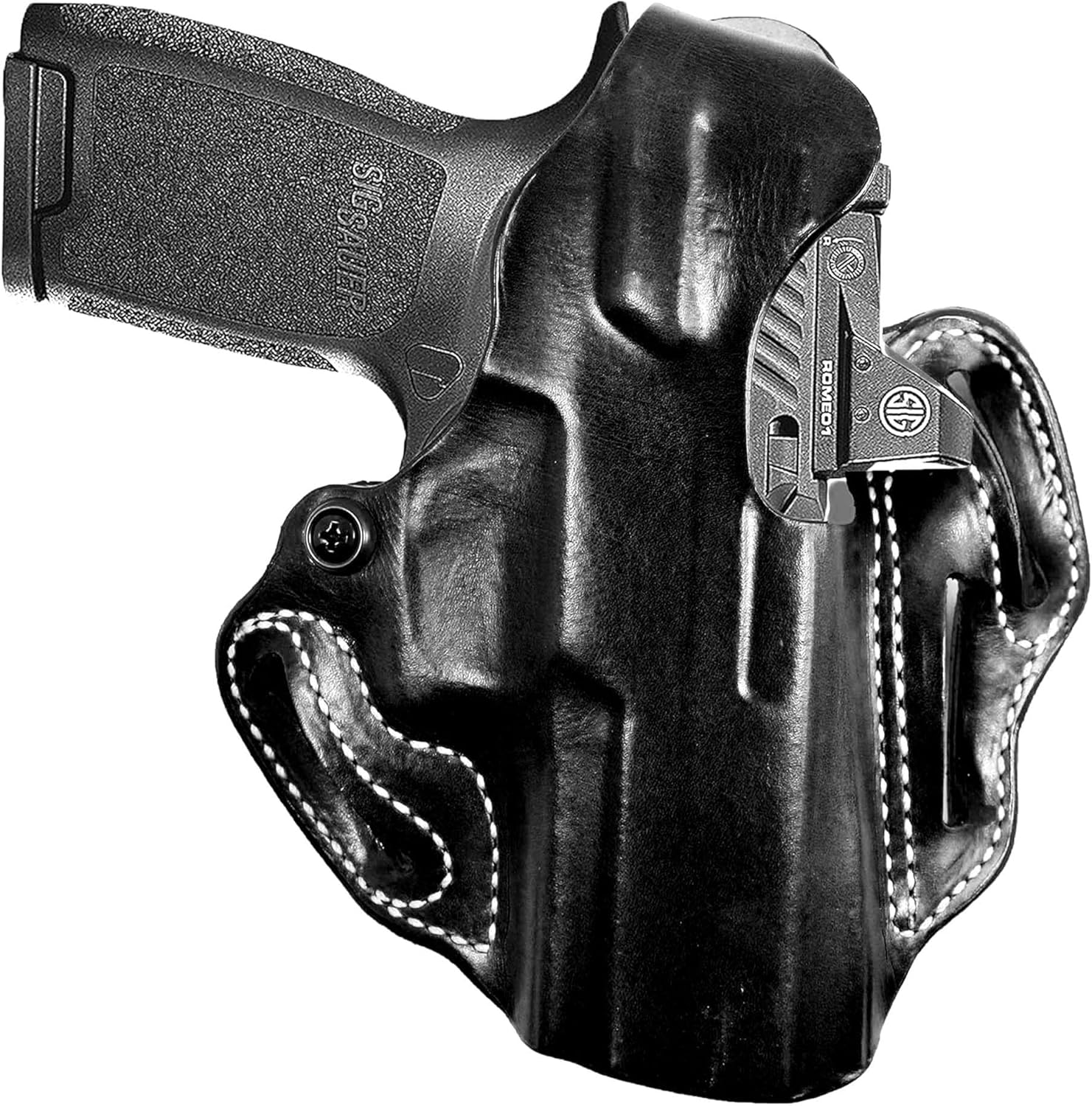 DeSantis Thumb Break Scabbard - OWB Gun Holster for Men and Women - Compatible with SIG P320 Compact/Carry & P250 w/ or w/out Romeo1 Reflex Sight, SIG P320 XCompact - Black, Leather, Right Hand Draw.