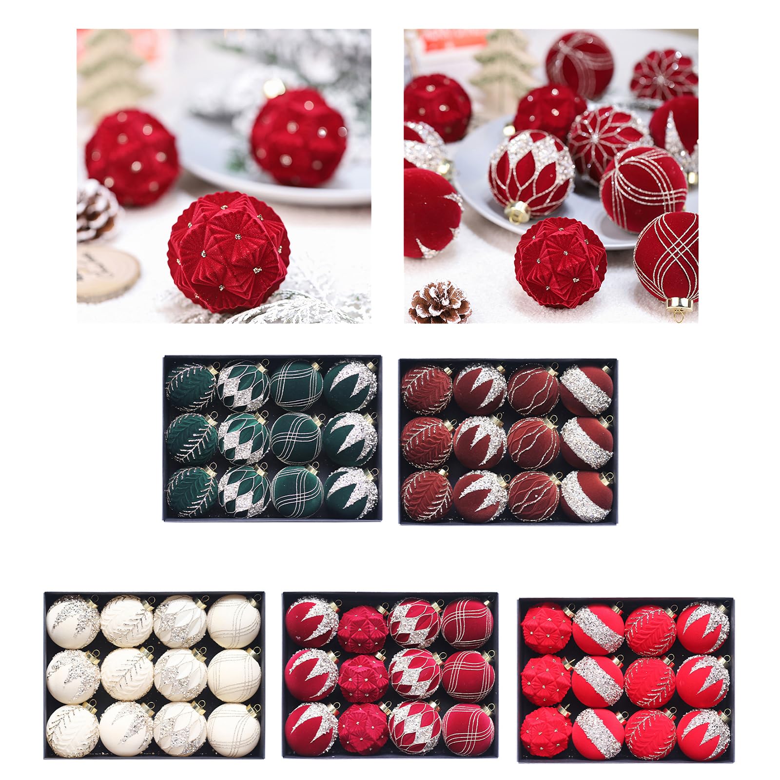Set di 12 sfere di Natale floccate ornamentali morbide sfere natalizie da 8 cm per vacanze eleganti