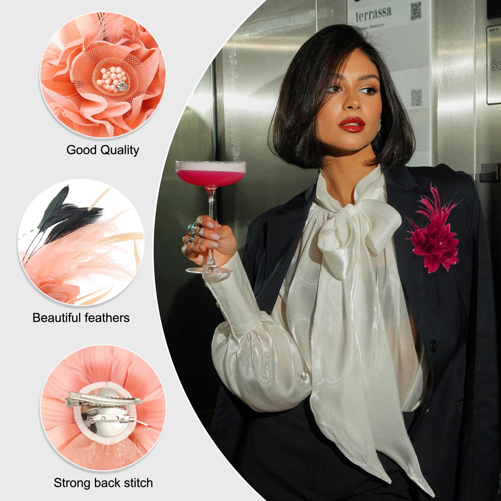PATIKIL Pinza de Pelo Floral, 2Pcs Elegante Broche de Flor y Pluma para Sombrero de Seda de Boda, Fiesta, Baile, Banquete, Traje de Vestir, Rosa Con Plumas Negras