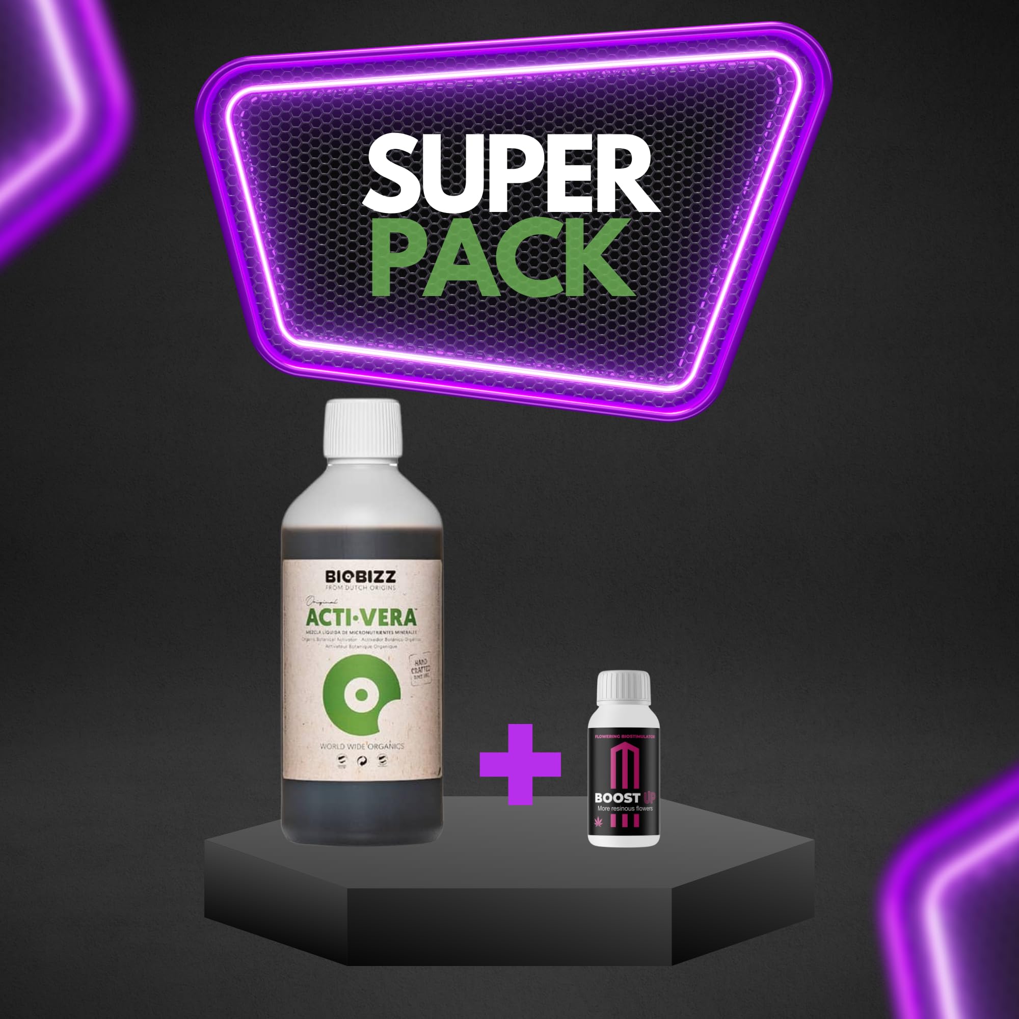 GROWMANIA Acti Vera de BioBizz 500 ml + Échantillon Boost Up de Up Nutrients + Verre Doseur | Revitalisant pour Plantes de Jardins Urbains | Améliore la Vitalité et la Floraison