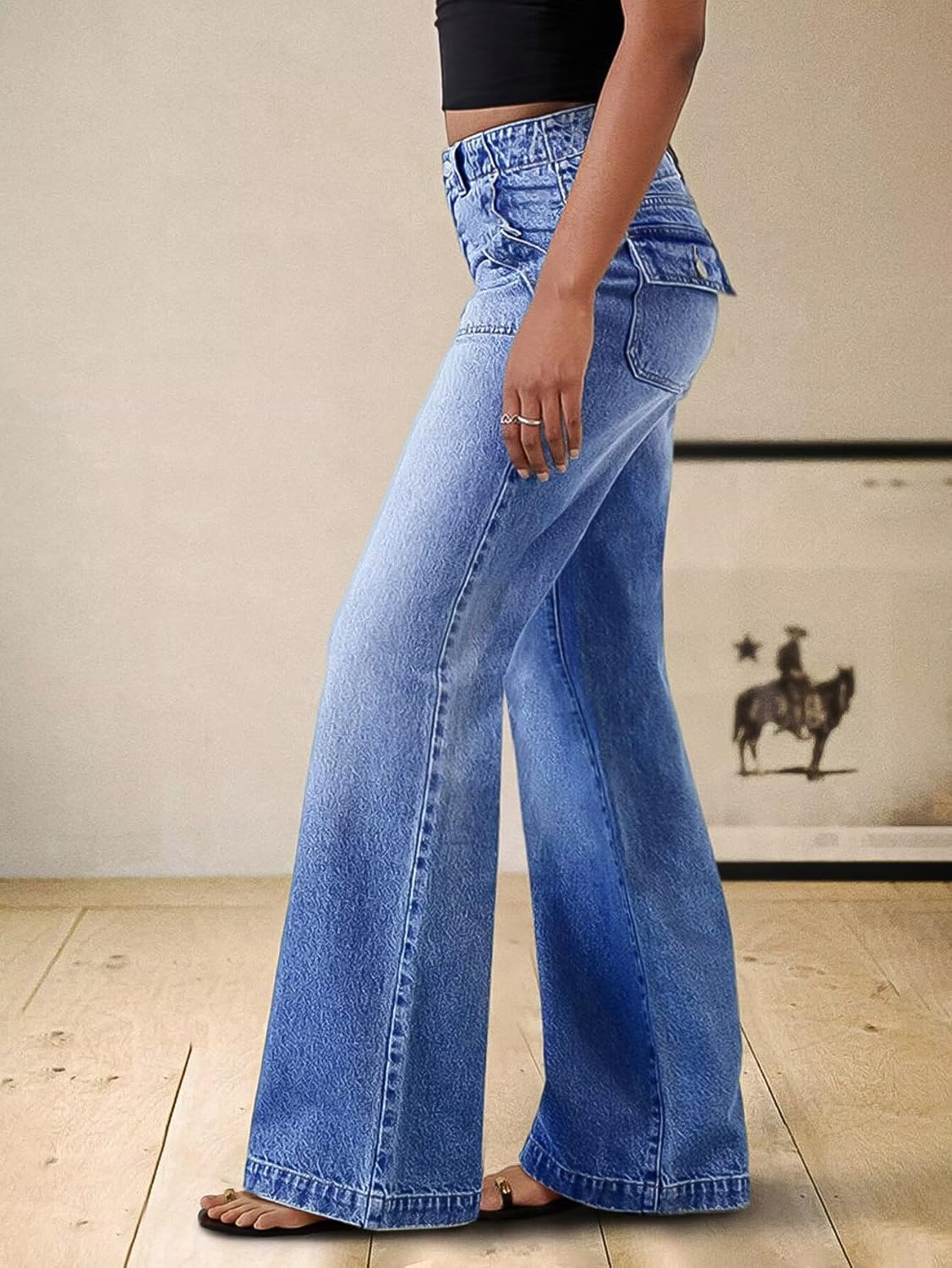 Flamingals Women’s Mid Rise Straight Leg Jeans Stretchy Baggy Boyfriend Wash Denim Jeans Without Belt - Image 2