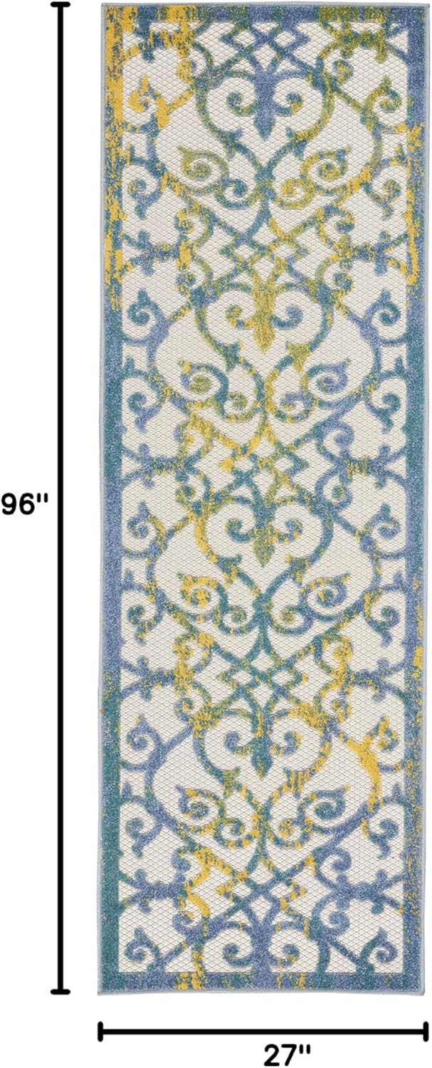 Nourison Aloha Indoor/Outdoor Ivory Blue 2'3" x 8' Area Rug, Transitional, French Country, Easy Cleaning, Non Shedding, Bed Room, Kitchen, Living Room, Deck, Backyard, (8' x Runner)