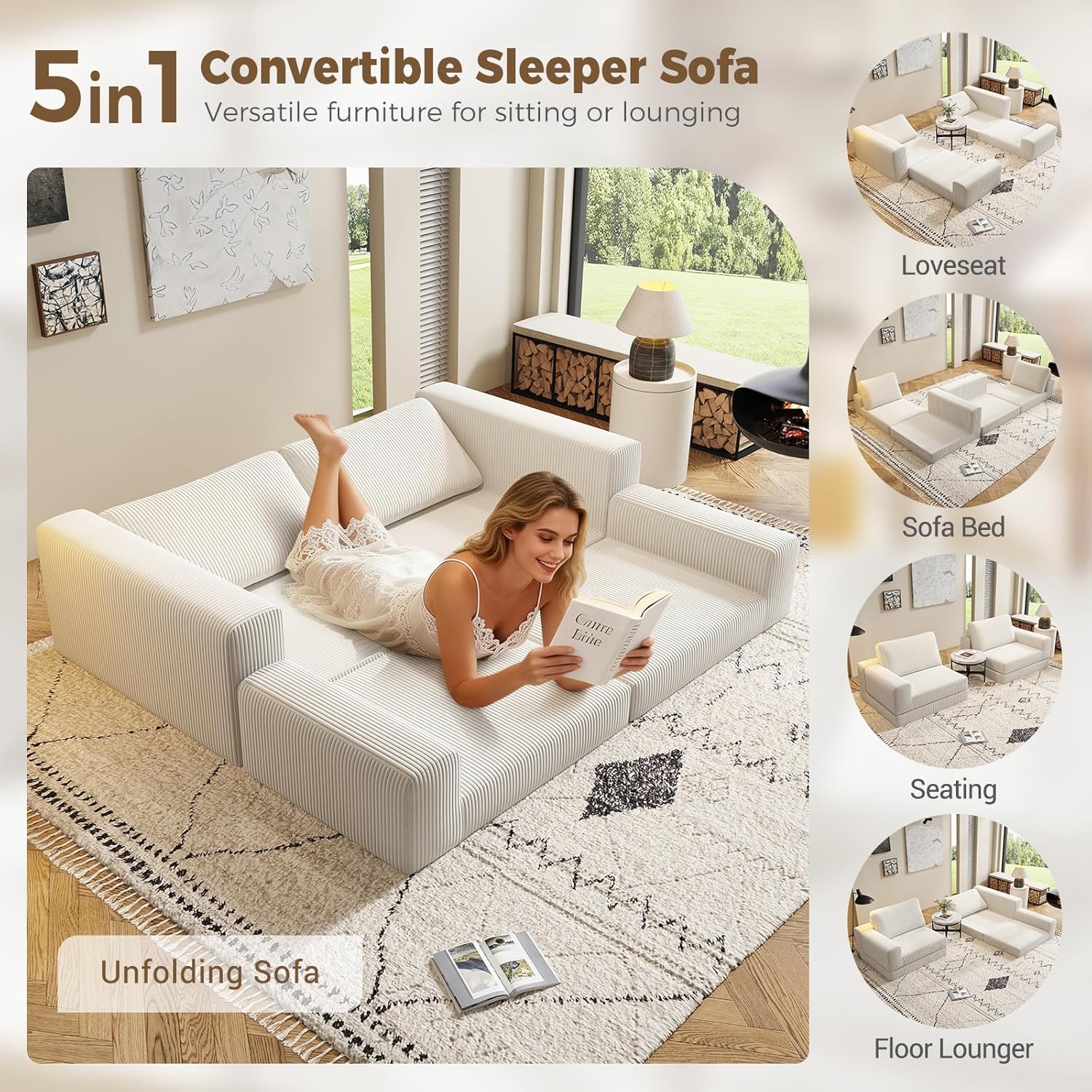 78" Convertible Loveseat Sofa, Corduroy Futon Couch with Deep Seat & Wide Armrest, Boneless Sectional Sofa Bed for Living Room, Bedroom, Guest Room, Office (Beige, Loveseat)