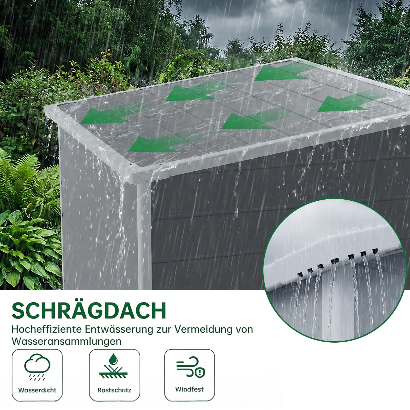 Kunststoff Gerätehaus 138×110.5×182cm,Geräteschuppen mit Fenstern, Schrägdach und Sicherer Tür,Zur Aufbewahrung von Gartengeräten. Inklusive Bodenplatte,Ideal für Garten,Terrasse