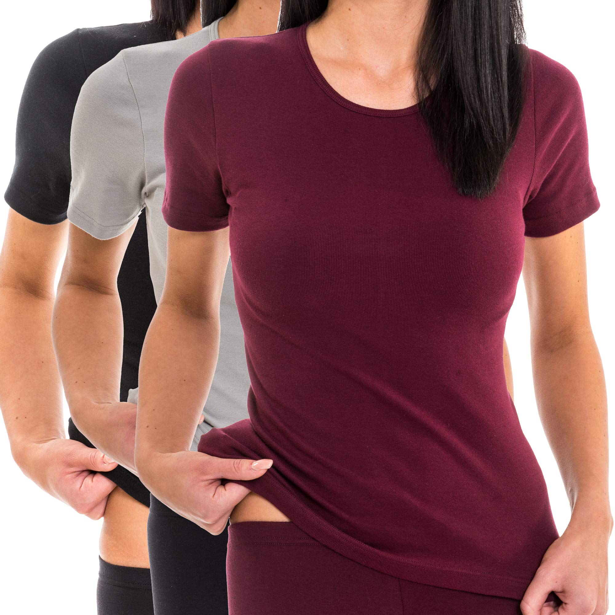 HERMKO 1800 Lot de 3 Maillots de Corps Manches Courtes pour Femme en 100% Coton Biologique