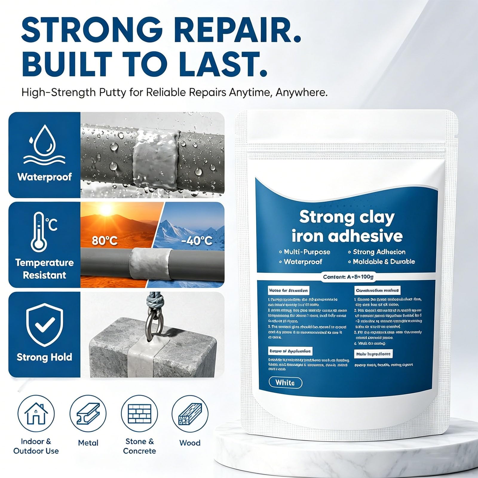 Argilla riparatrice multiuso ad alta resistenza, stucco riparatore multiuso ad alta resistenza, adesivo forte per argilla e ferro, stucco di riempimento bicomponente per riempire crepe (5Pcs)