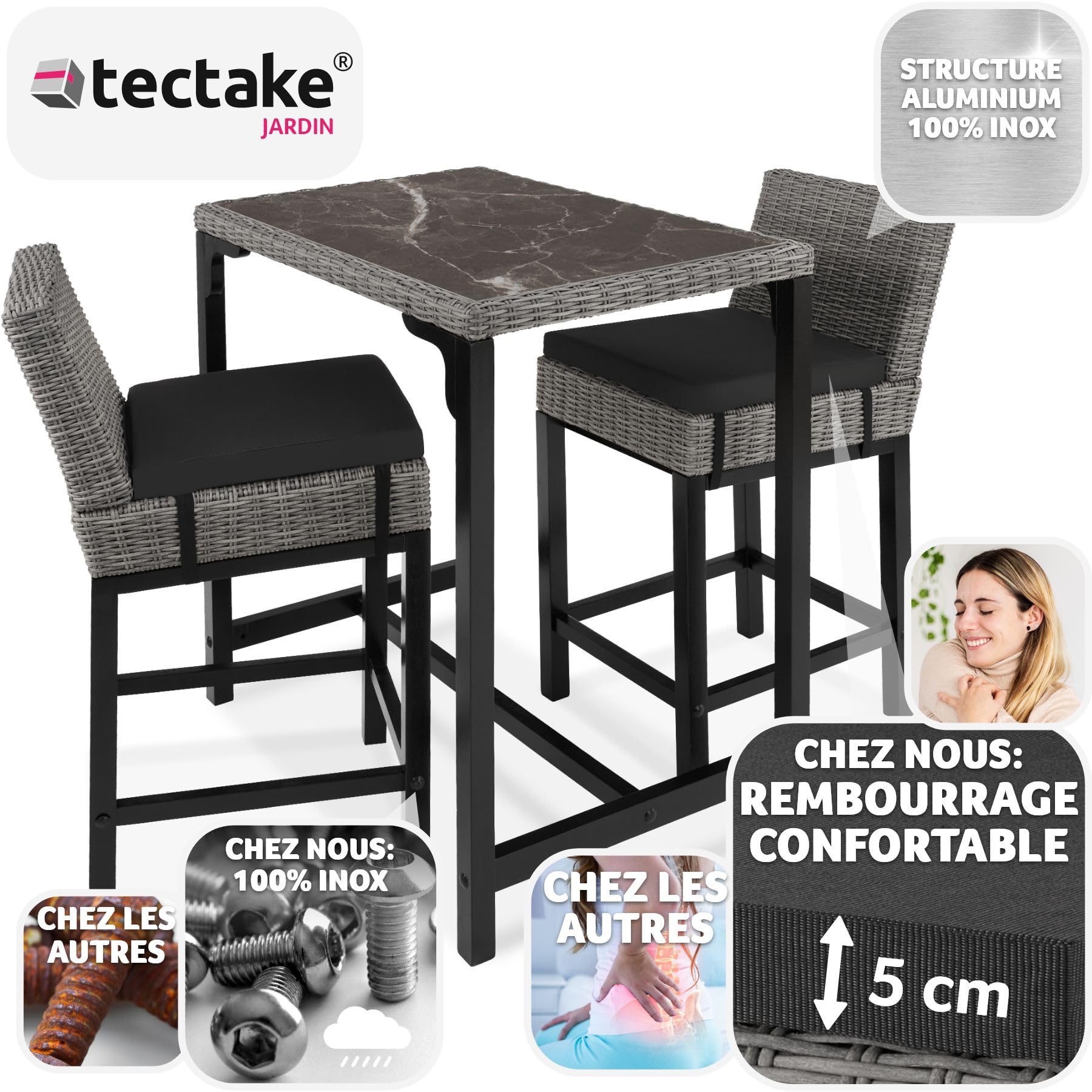 tectake® Ensemble de Bar Extérieur en Poly Rotin 2 Places - Table et 2 Chaises de Jardin avec Coussins Inclus - Mobilier pour Aménagement Balcon