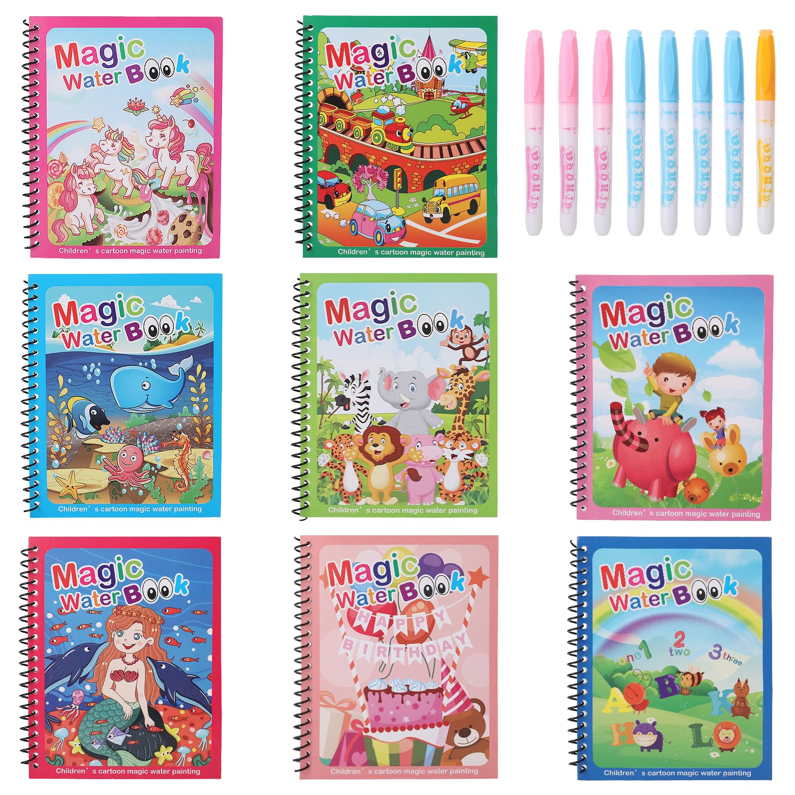 GSrenyu 8 Set Water Colouring Books for Kids Reusable Water Painting Books with 8 Water Pen