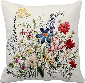Leaveland Wildflower Faux Embroidery Print 18x18 Inch Throw Pillow Cover Boho Embroidered Floral Decorative Cushion Case Spring Summer Christmas Home Decor Mom Sister Her Gift Luxury Flower Pillowcase