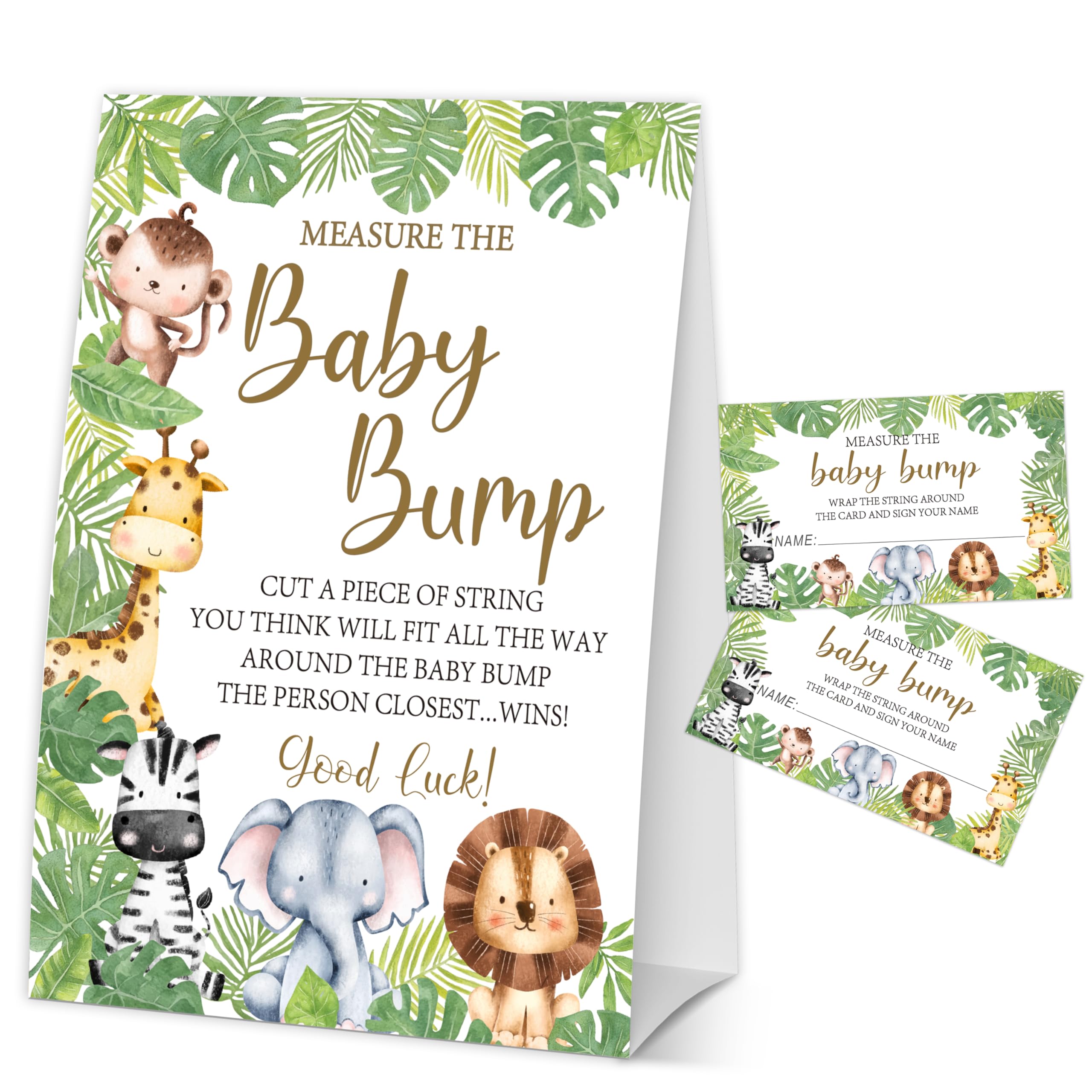 GOLRMC How Big is Mommys Belly Game, Measure The Baby Bump, Safari Jungle Animals Baby Shower Party Game & Decorations, 1 Sign & 50 Guess Cards