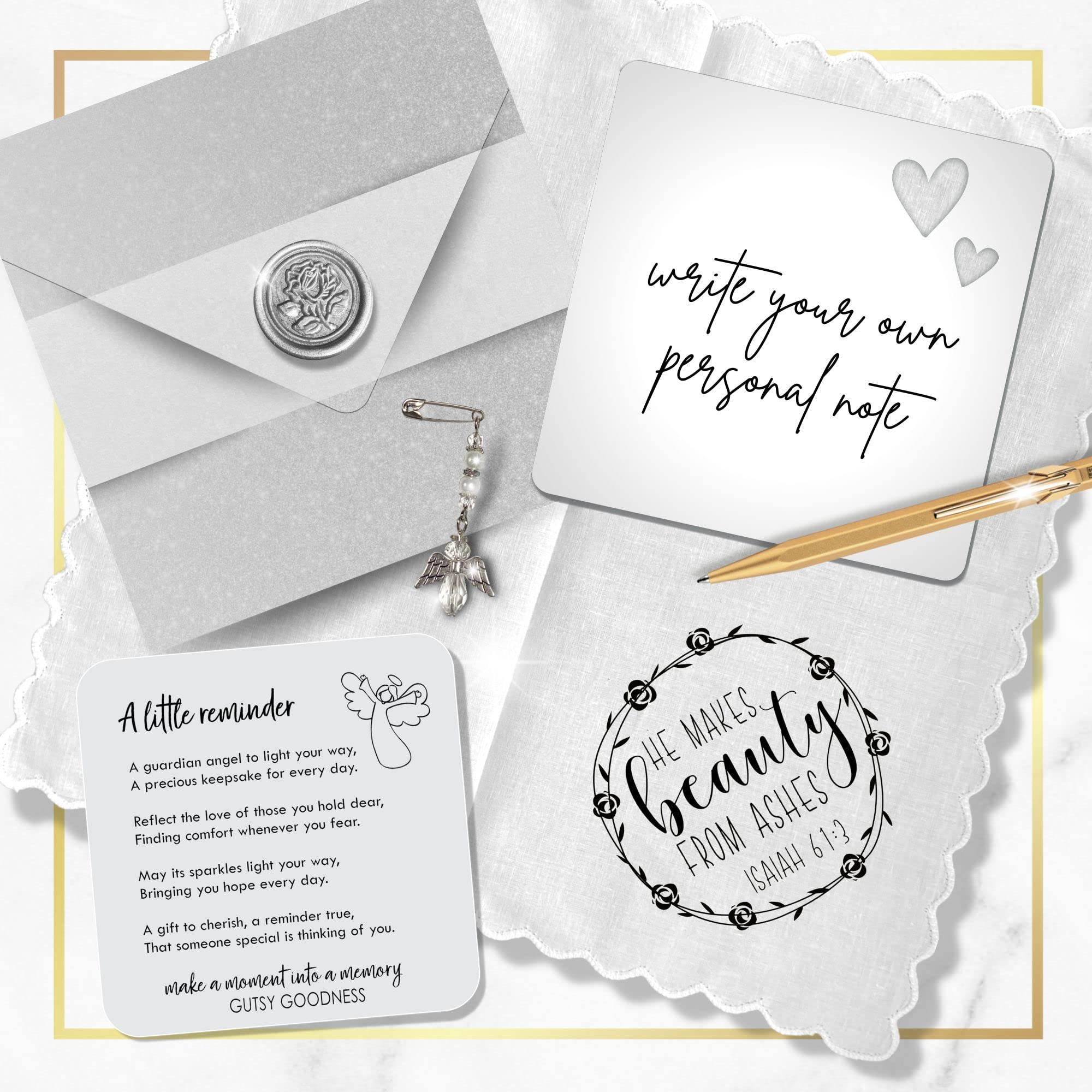 He Makes Beauty From Ashes Handkerchief Message of Faith for Hard Days - Handmade Meaningful Bible Quote Poem, 100% Cotton Ladies Hanky, Affectionately Gift Packaged with Custom Envelope and Note Card