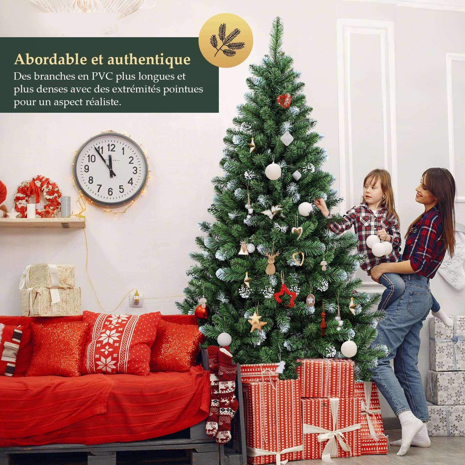 SALCAR Sapin de Noël Artificiel 210 cm, Robuste avec Tronc en Métal, Branches en PVC Décorées de Neige, Résistant et Durable