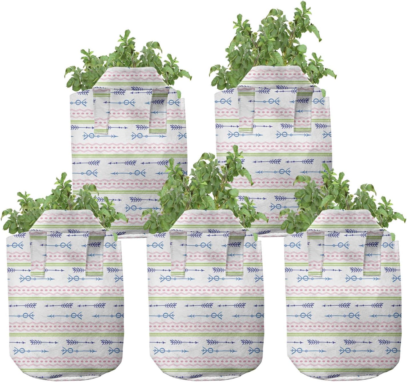 Ambesonne Tribal Grow Bags 5-Pack, Zigzags Polka Dots, Heavyduty Fabric Pots with Handles for Plants, White Multicolor