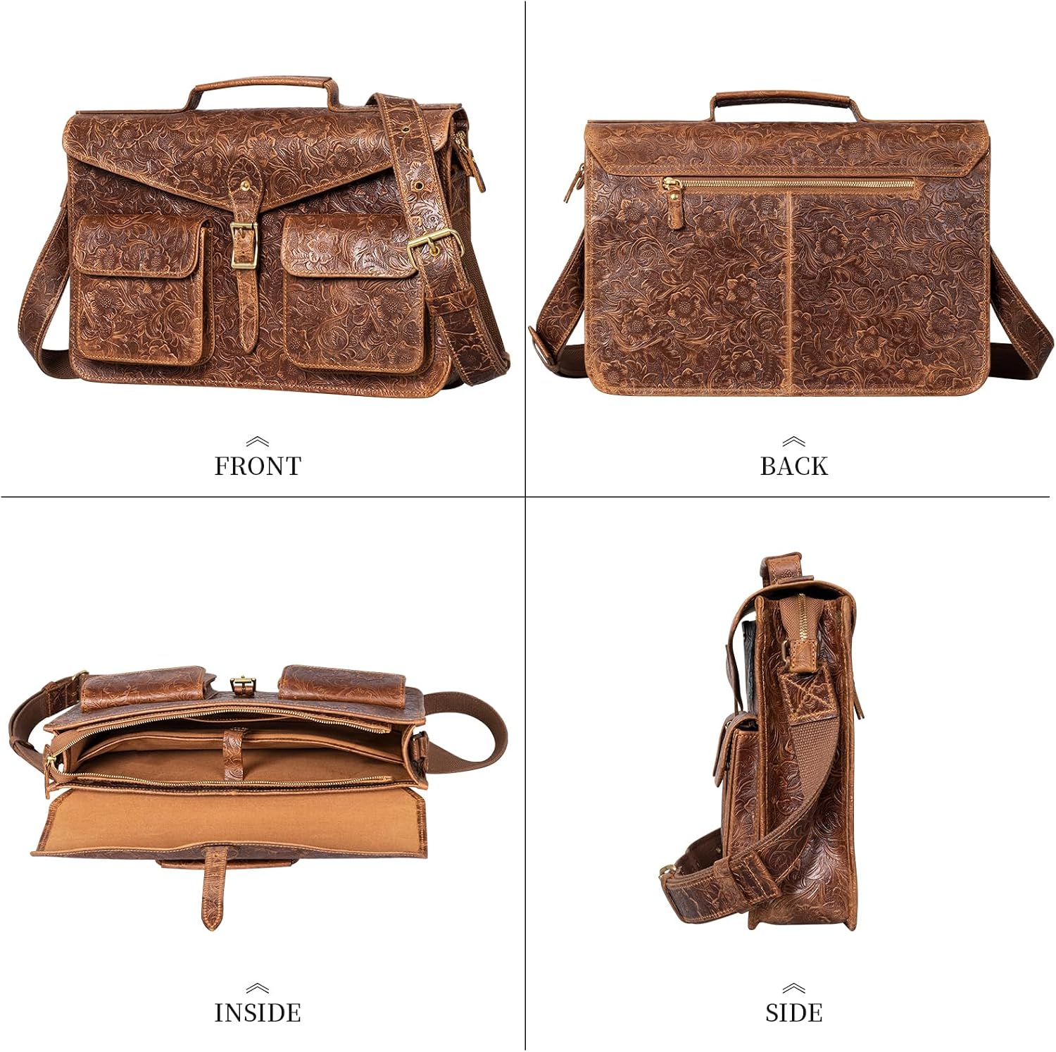 Gexmil Leather Messenger Bag for Men Women, Full Grain Vegetable Tanned Leather, Laptop Briefcase Bag, Adjustable Strap