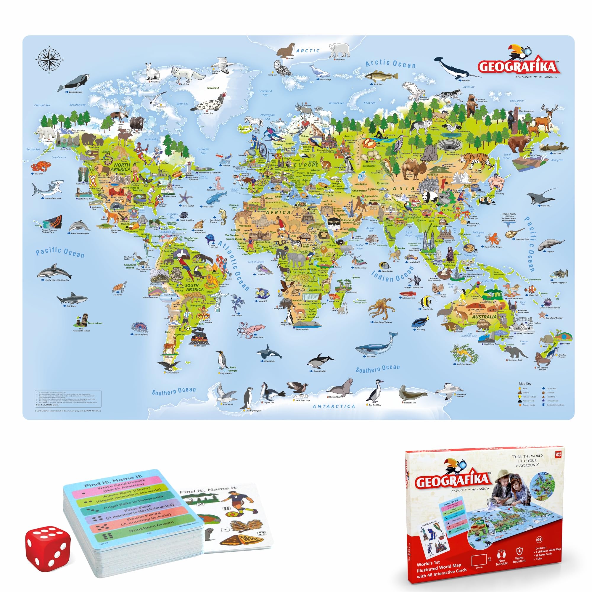 UnikPlay Geografika Map Game with Illustrated Map & 40 Game Cards – Learning with Fun for Kids Aged 6+ | Educational Geography Board Game for Children – Learn Fun Facts (World)