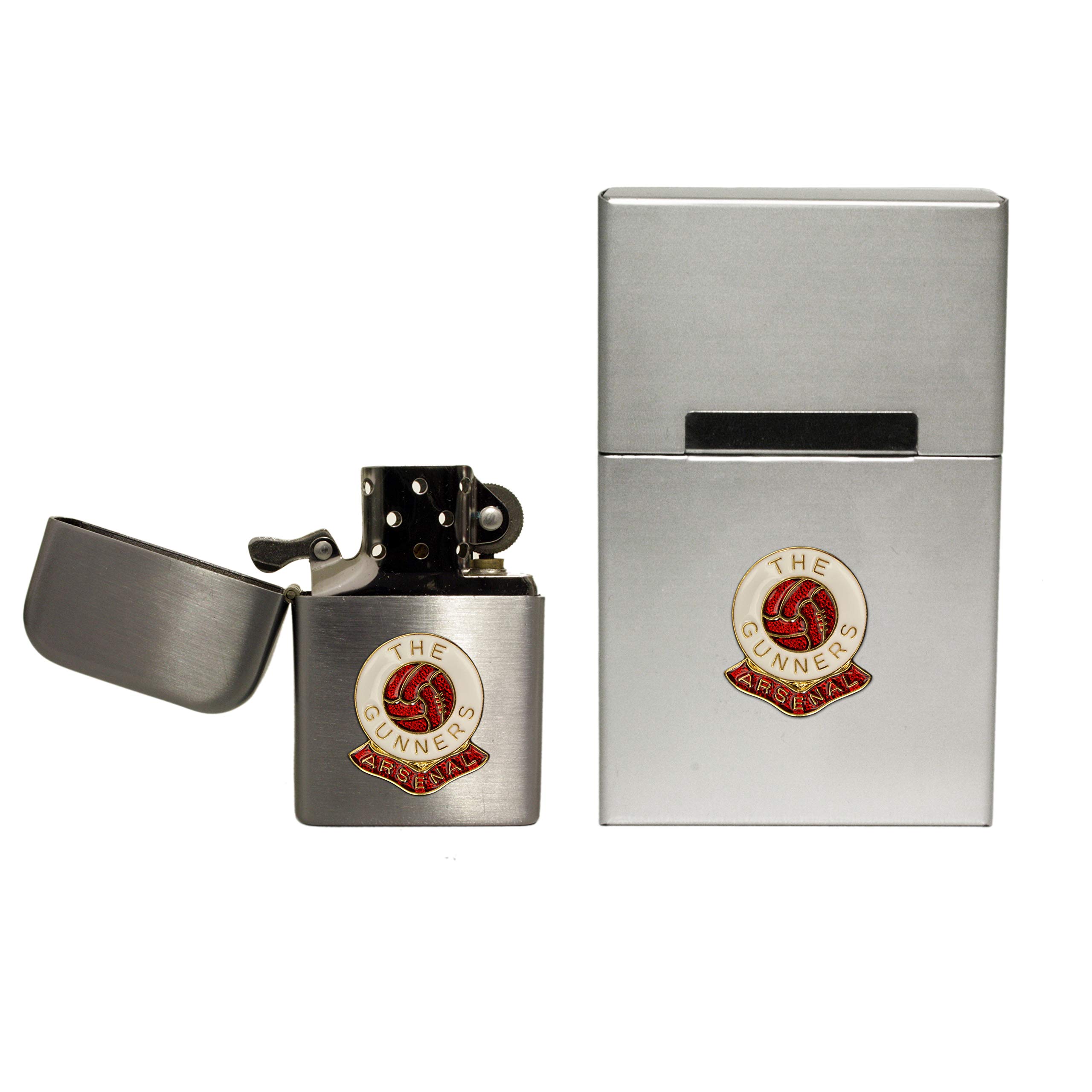 Arsenal Football Club stormproof Petrol Lighter and Hard case flip top Cigarette Packet Holder