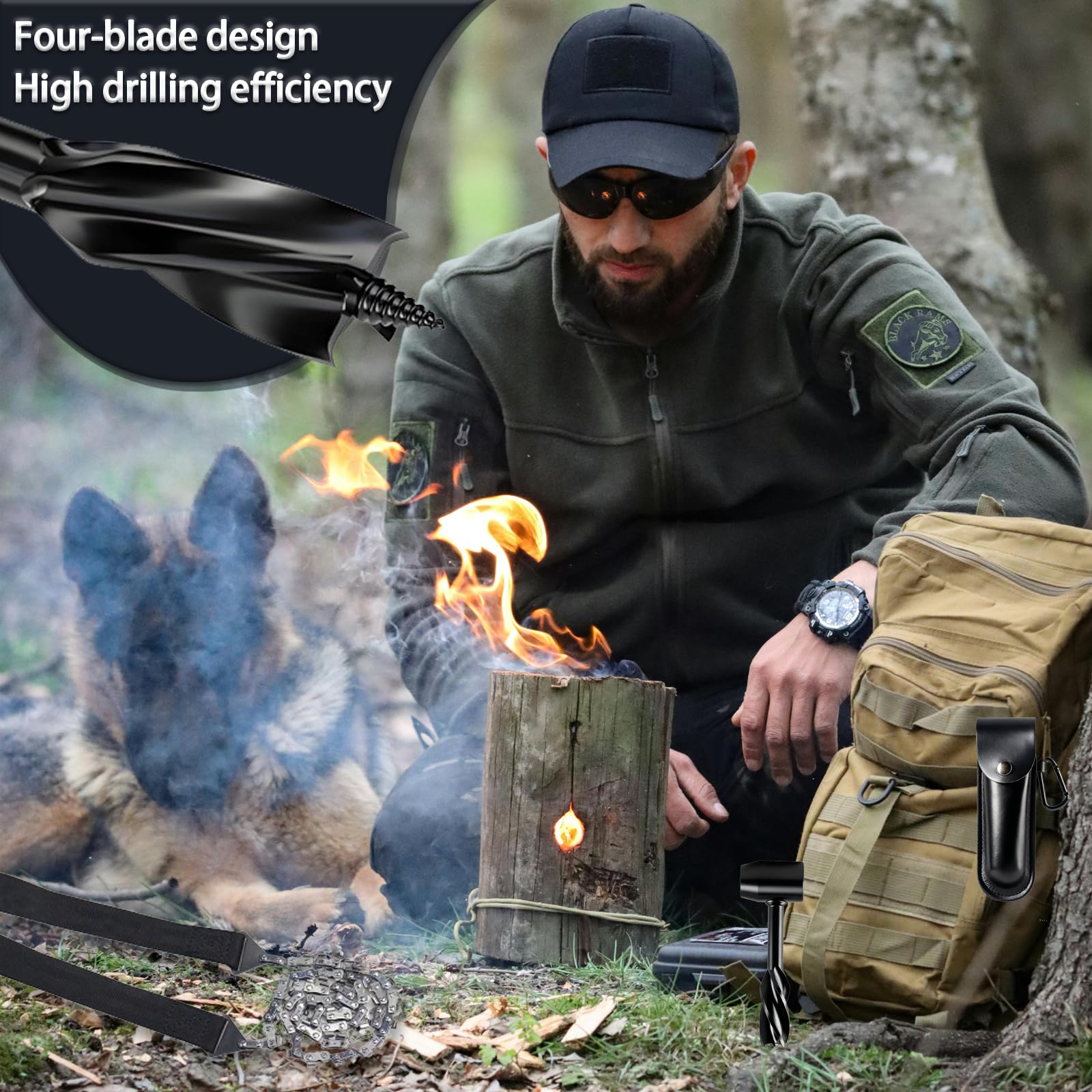 WhaleO Tariere Manuelle Bois avec Étui en Cuir Tarière Manuelle Polyvalente Scie a Main a Chaine et Gants de Travail Outil de Survie pour la Randonnée, le Camping et les Aventures, Bushcraft, Noir
