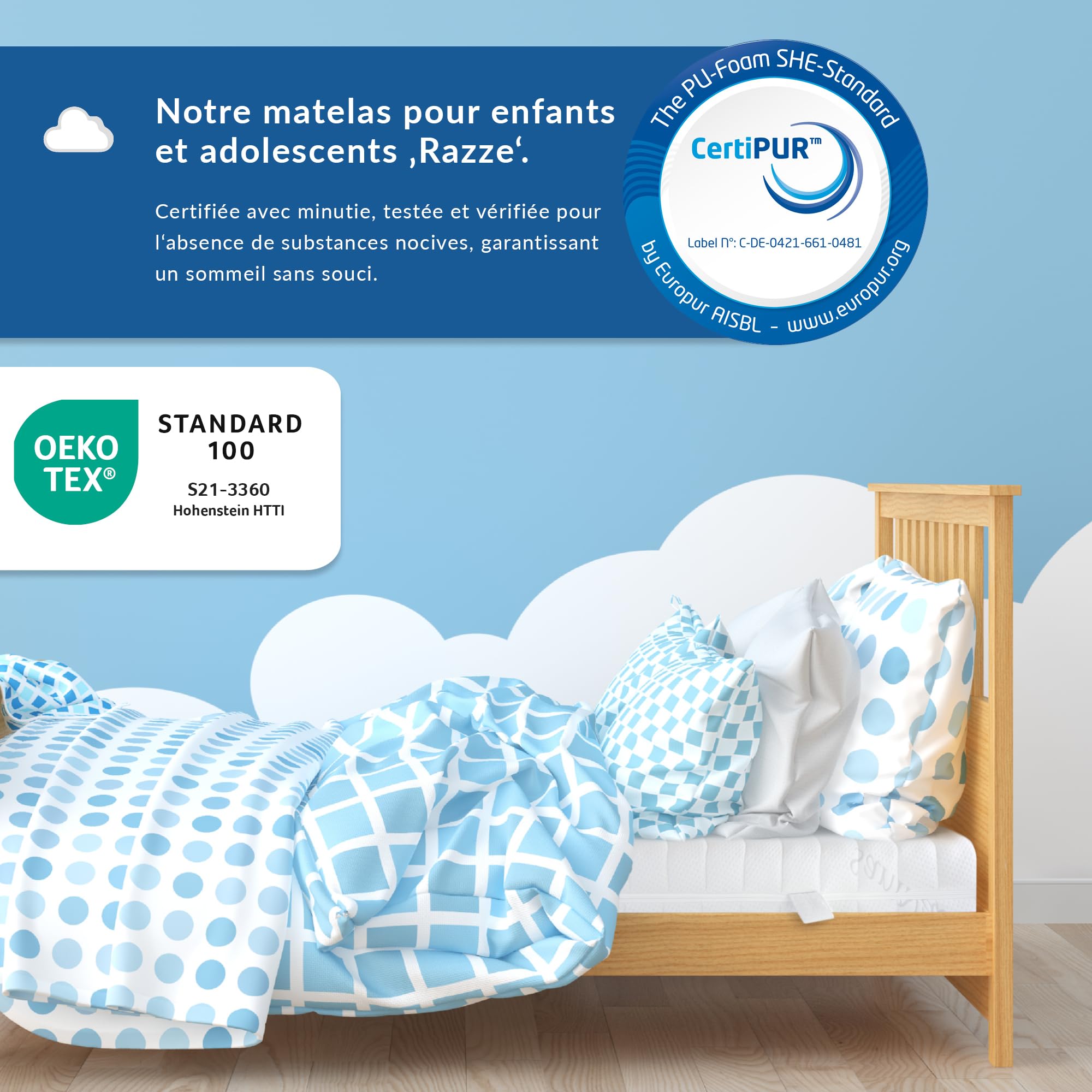 BMM Matelas pour Enfants Razze 90x200 cm, Niveau de Fermeté H2 / Mousse Froide Certifié Öko-Tex / Adapté à Tous Les Lits / Fabriqué en Allemagne