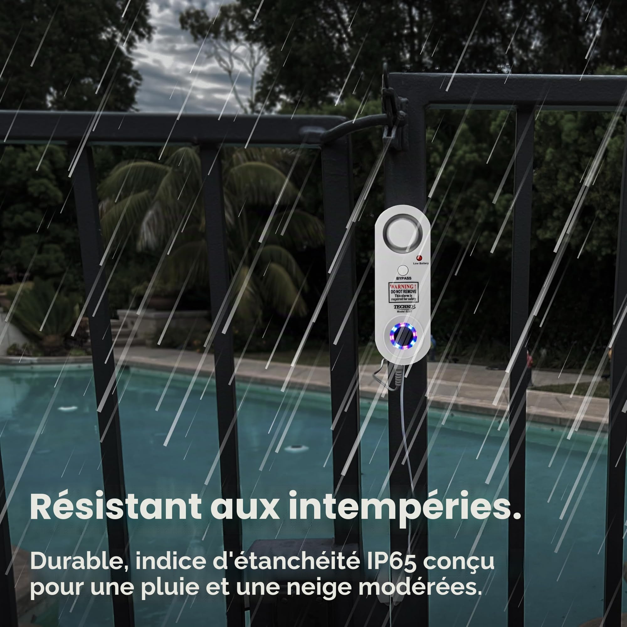 Techko S287 Alarme de piscine stroboscopique LED, lumières stroboscopiques, système d'alarme 115 dB, conforme à la norme UL 2017, résistante aux intempéries