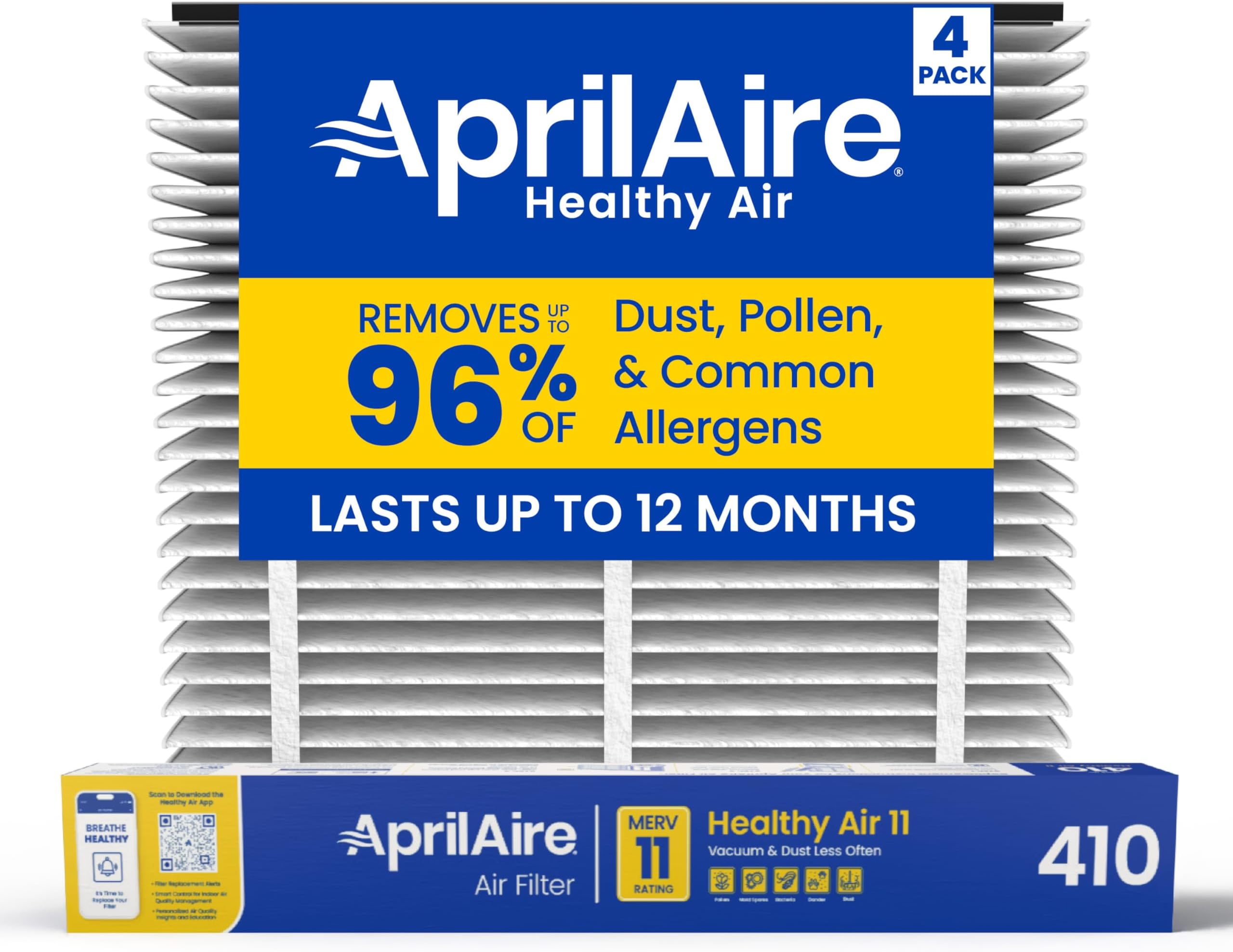 AprilAire 410 Replacement Filter for AprilAire Whole House Air Purifiers - MERV 11, Clean Air & Dust, 16x25x4 Air Filter (Pack of 4)