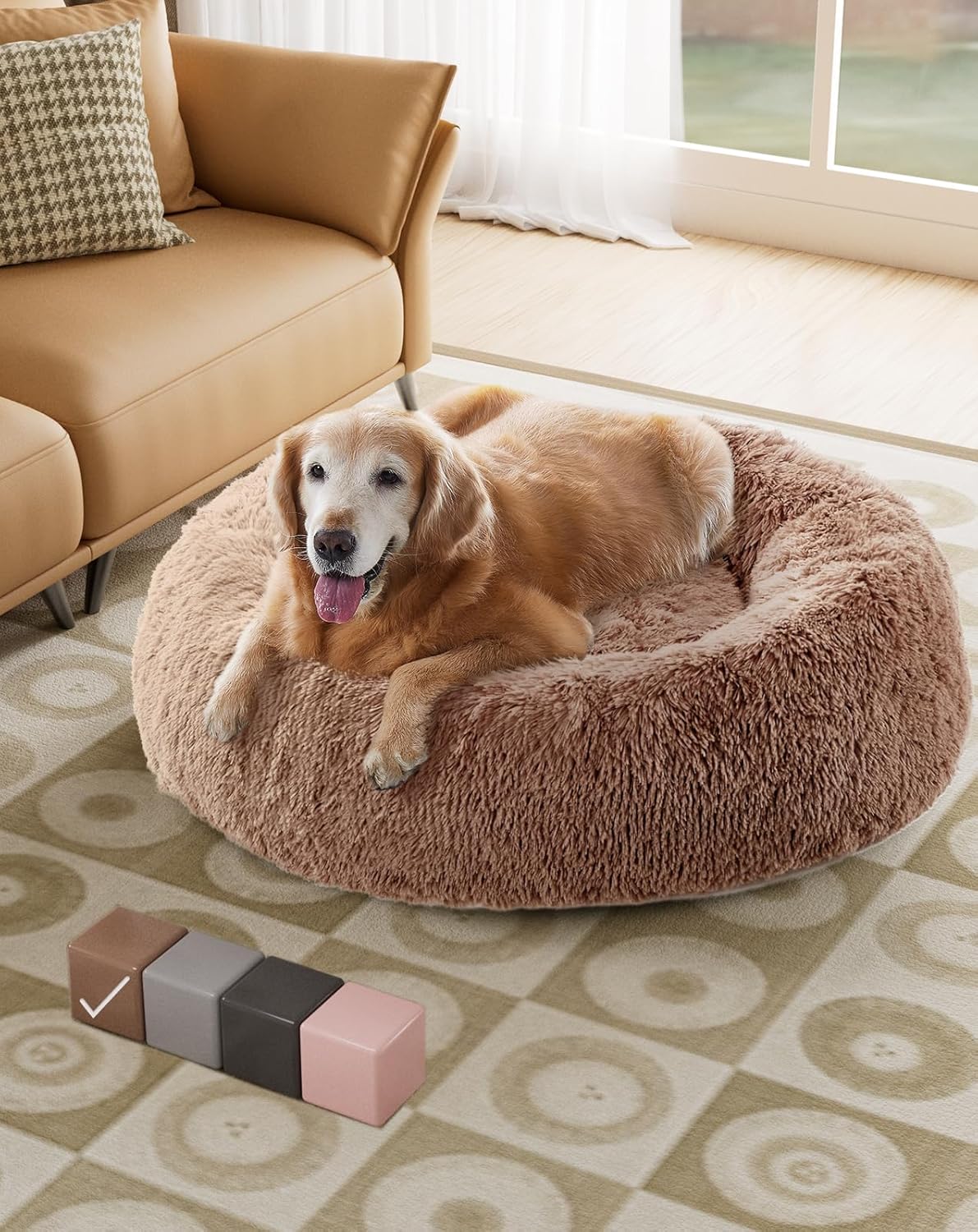 Calming Donut Bed for Dogs and Cats, Ultra Soft Circle Bed, Cozy, Waterproof, Zipper Cover, 36 in Bed, Large Dog Bed (Ocher) X-Large (36 x 36 x 8 Inch) Ocher