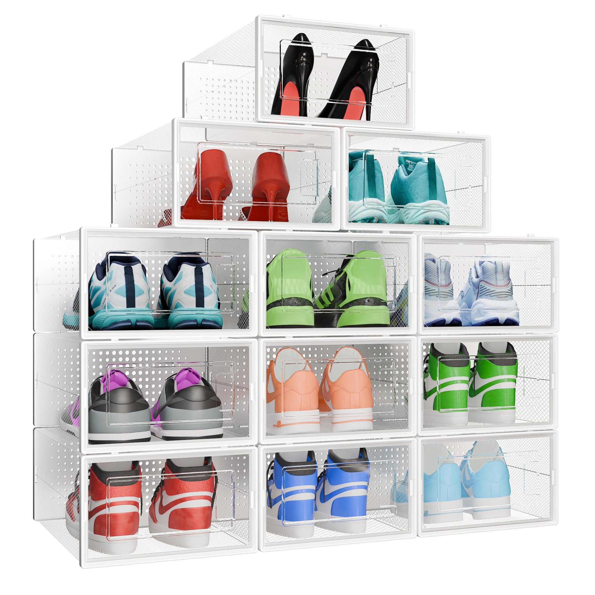 Cajas de Zapatos. Juego de 12 Organizadores de Almacenamiento de Plástico Transparente Apilables y Plegables, Caja Zapatero con Tapas para Zapatillas y Calzado hasta Talla 44 (BLANCO)