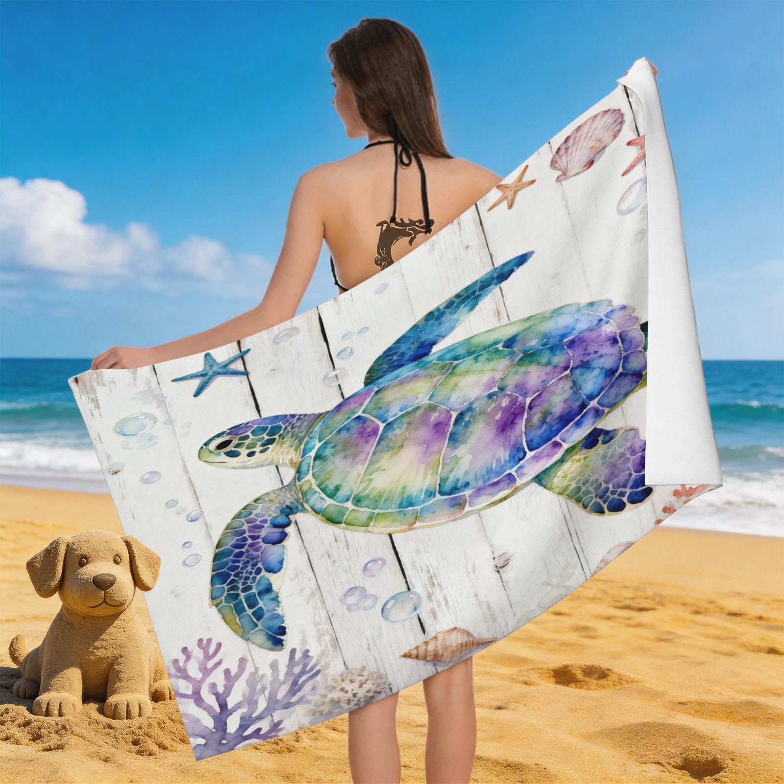 Leichong 3D Watercolor Sea Turtle Beach Towel Microfiber Soft Quick Dry for Adults, Starfish Bath Towel Lightweight Soft Absorbent for Travel Swimming Pool Sports, 75 x 150 cm
