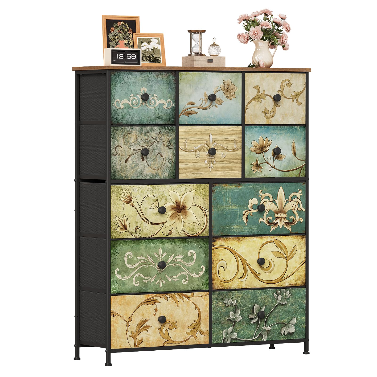 VEDECASA Fabric Chest of Drawers, Vintage 12 Drawer Tall Dresser with Floral Print, Rustic Boho Style Dresser Storage Cabinet for Bedroom, Hallway, Living Room — image 1