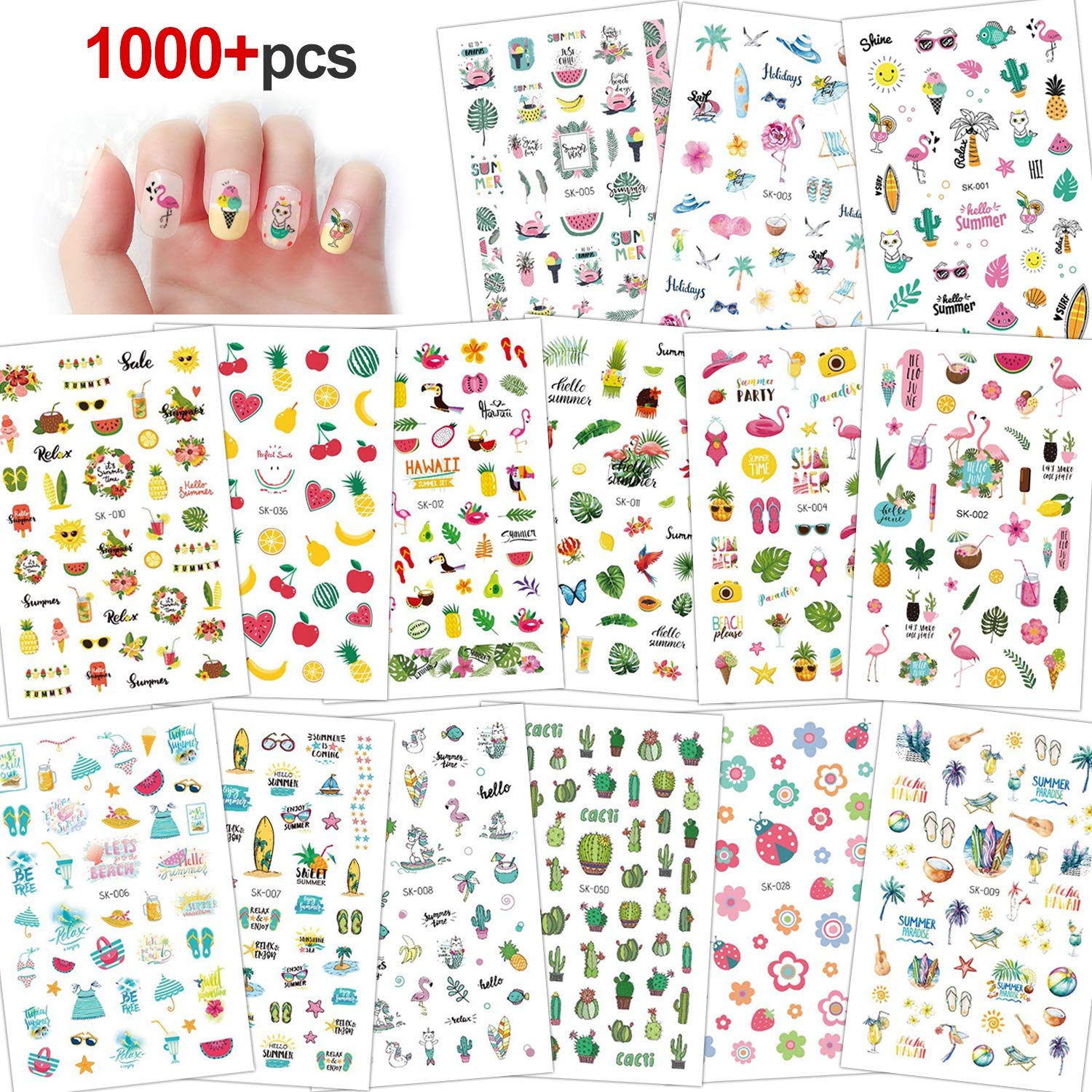 Amazon.com: Konsait 1000+pcs Summer Nail Art Stickers 3D Self-adhesive Nail  Decals Hawaii Flamingo Cactus Flower Fruits Ocean Leaves Nail Art Designs  for Women Girls Kids : Beauty & Personal Care