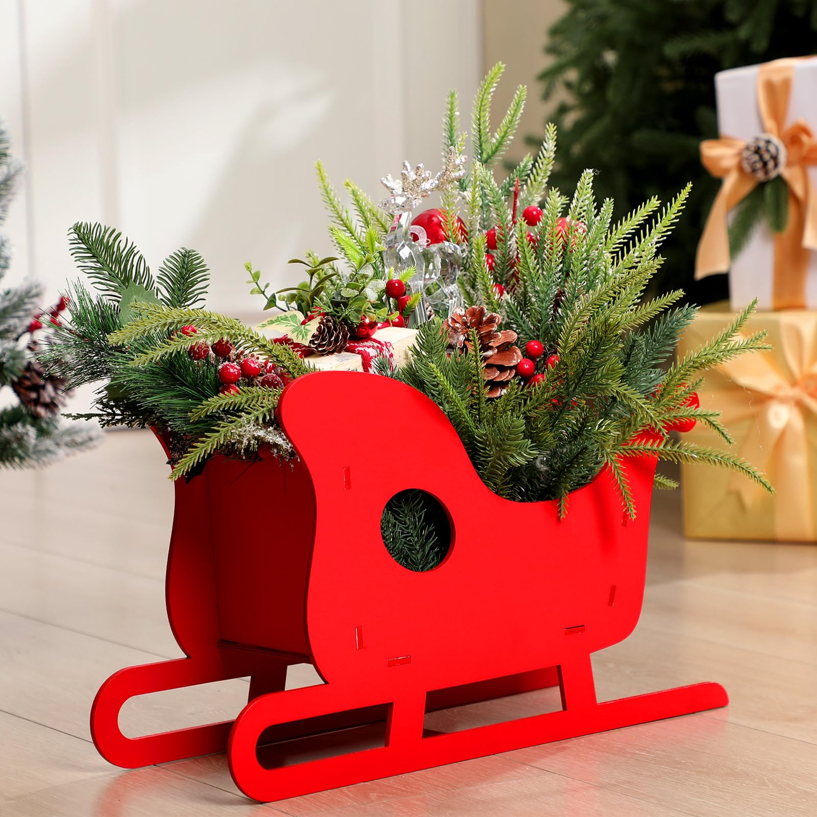 Lineshading Grande décoration de traîneau de Noël en bois rouge de 48,3 x 27,9 cm - Décoration de table rustique pour fête de Noël - Pendentif bol à bonbons