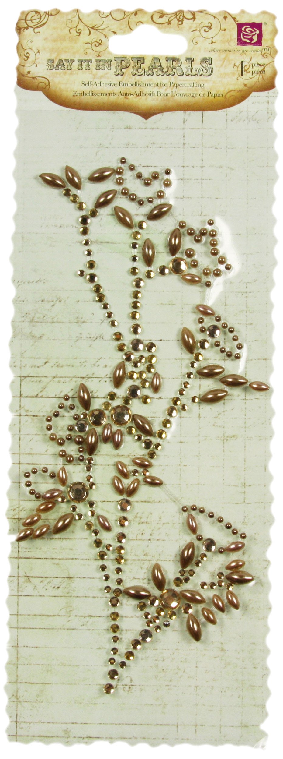 Prima 535896 6-Inch Say It in Pearls and Crystals Self Adhesive Jewel Art Flower Branch, Brown